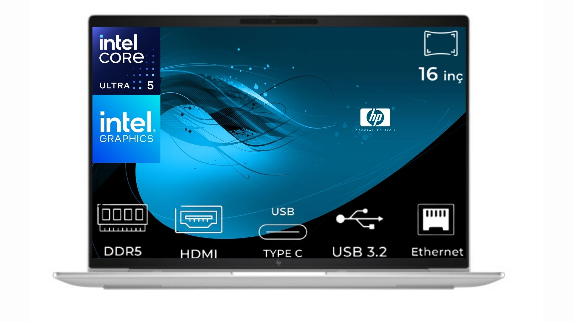 Intel Graphics ve Intel Core Ultra 5 işlemcili bir dizüstü bilgisayar.