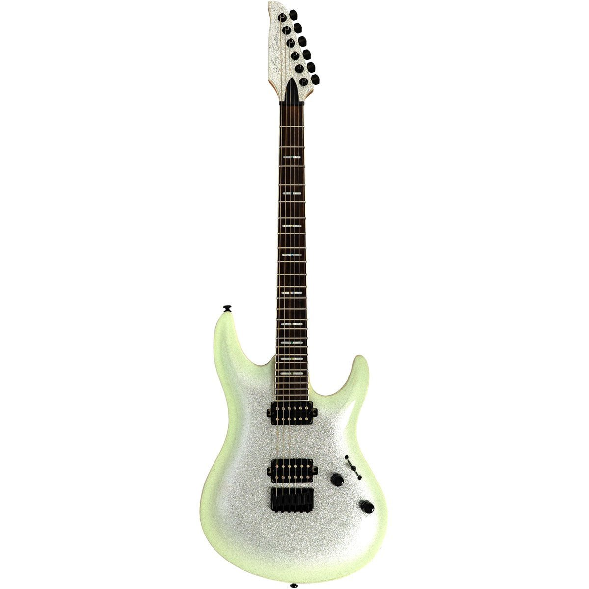 Gümüş simli, siyah donanımlı, koyu klavyeli açık yeşil elektro gitar.