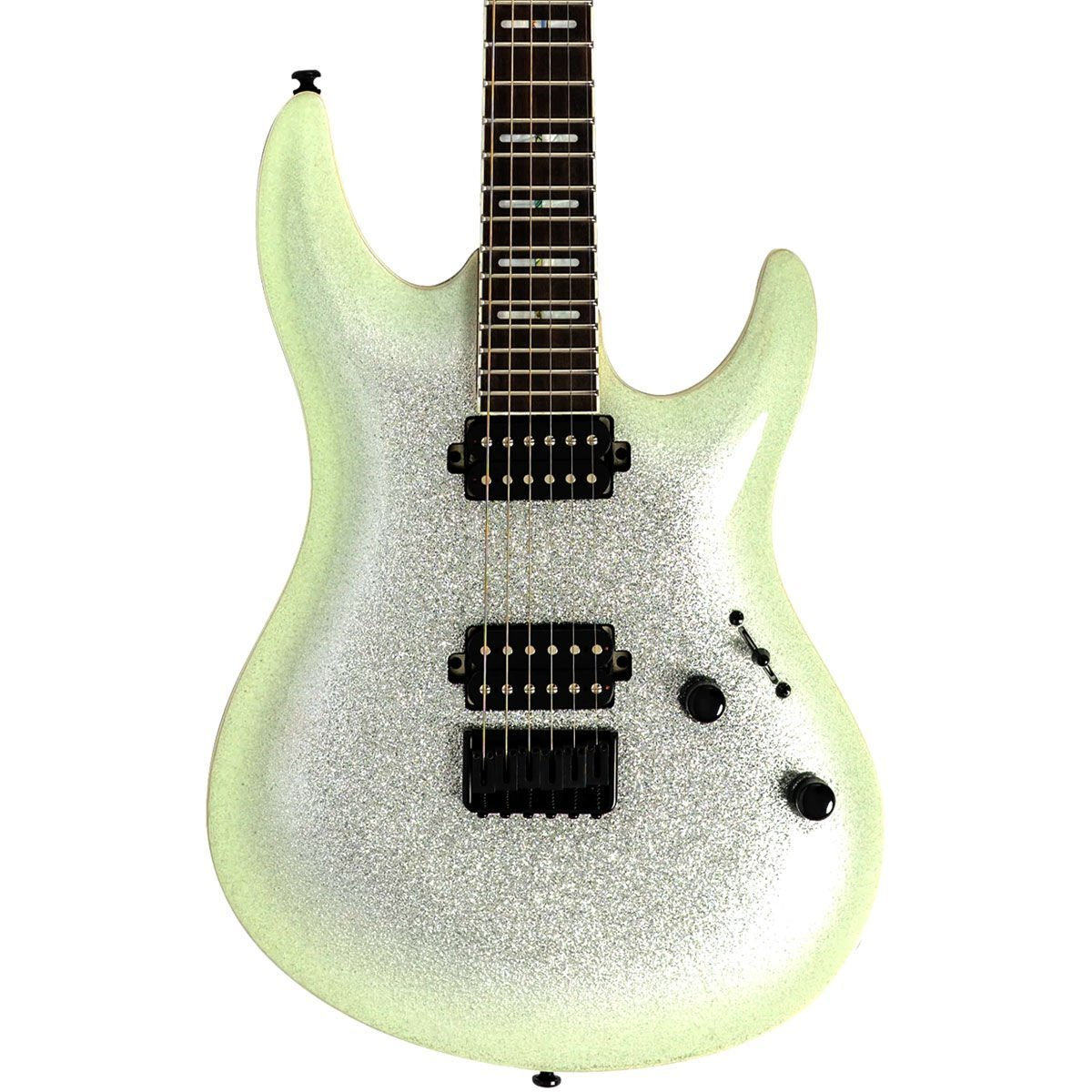 Siyah manyetikleri ve telleri olan parlak açık yeşil elektro gitar.