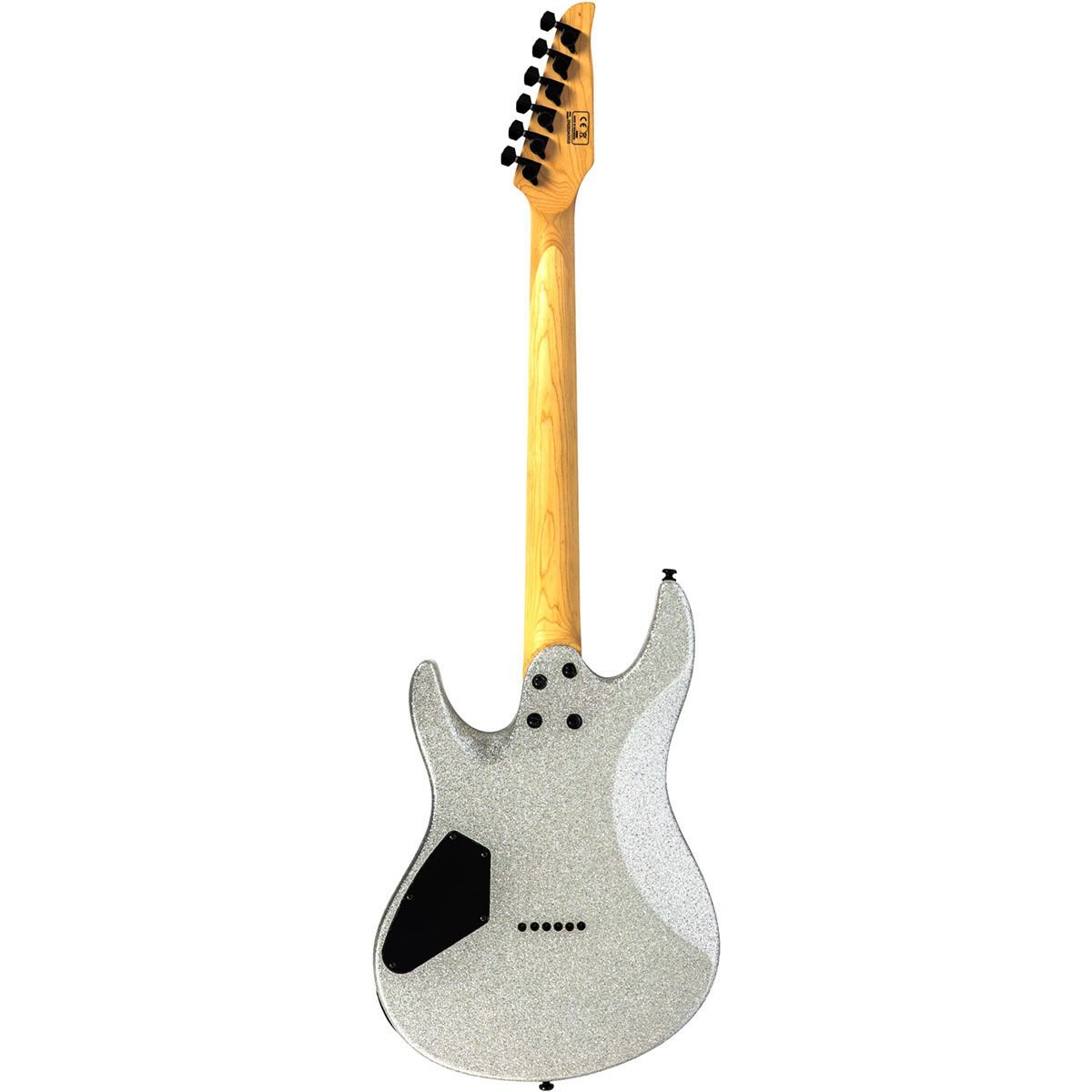 Açık ahşap sapa ve siyah burgulara sahip gümüş elektrik gitar.