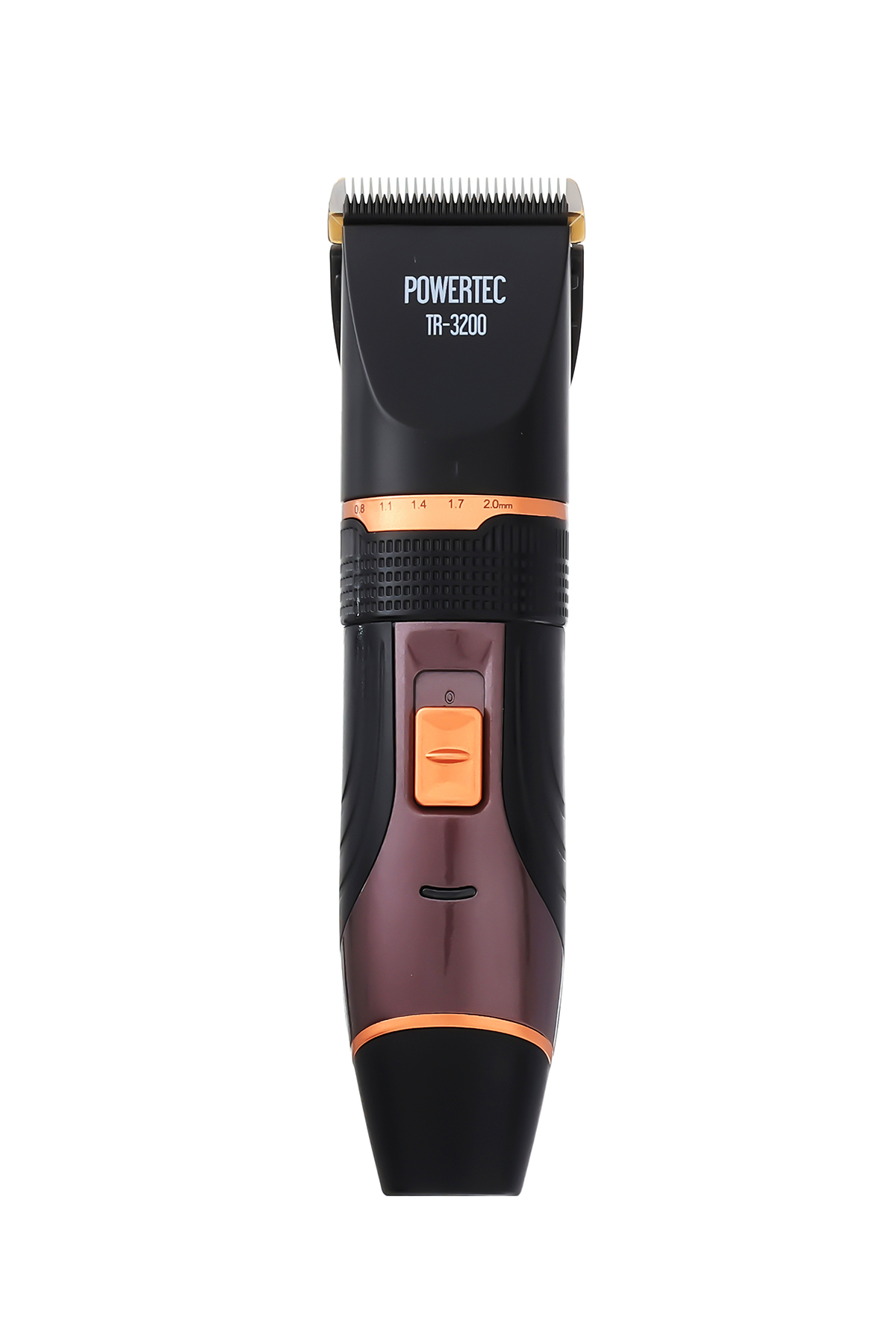 Turuncu düğmeli ve gümüş bıçaklı siyah POWERTEC TR-3200 saç kesme makinesi.