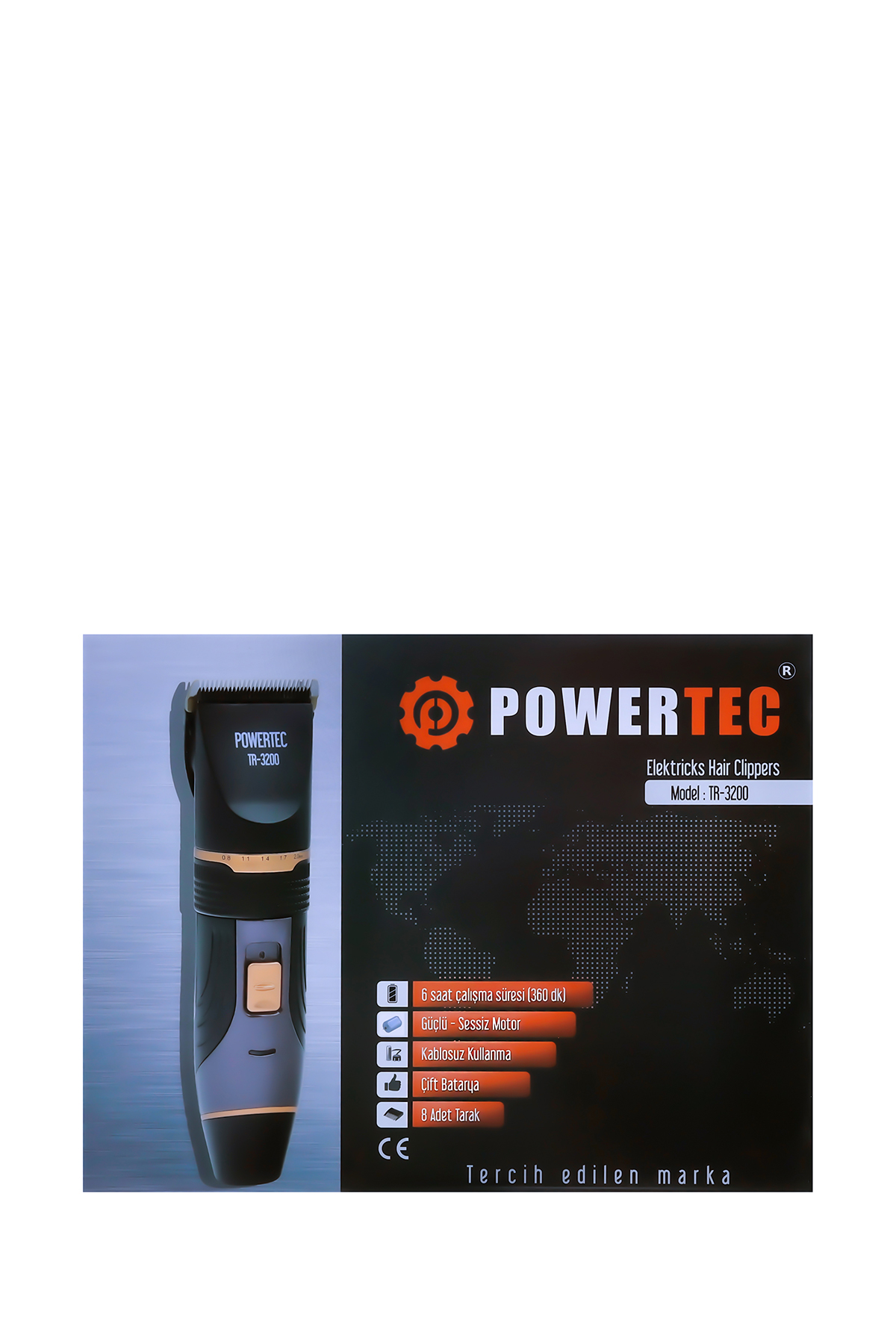 Aksesuar ve özelliklere sahip Powertec TR-3200 saç kesme makinesi.