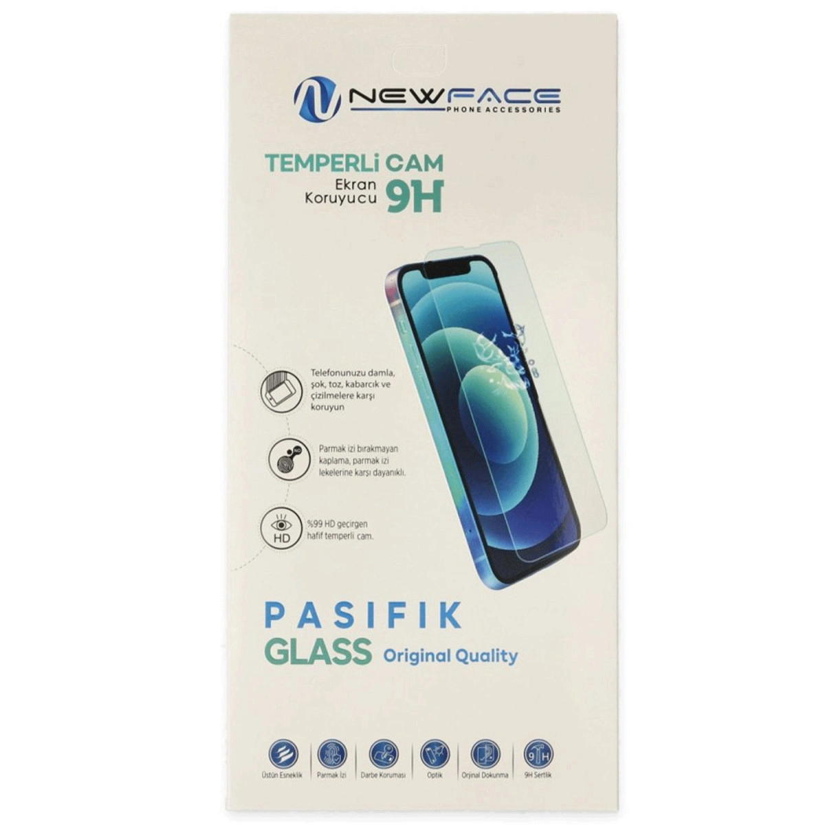 Telefon ve özellikler içeren temperli cam ekran koruyucu ambalajı.