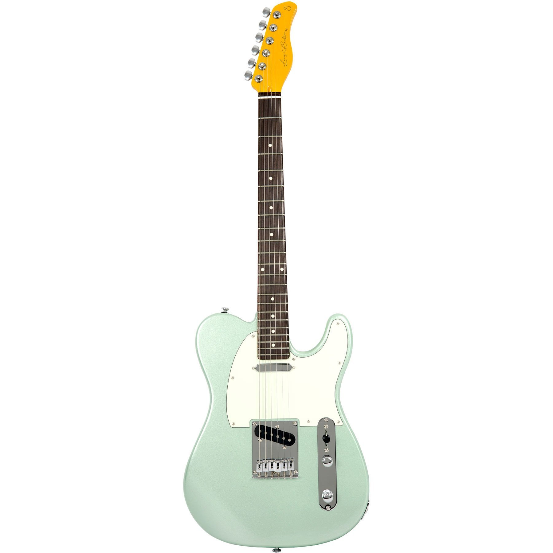 Sarı saplı ve beyaz pena korumalı soluk yeşil elektro gitar.
