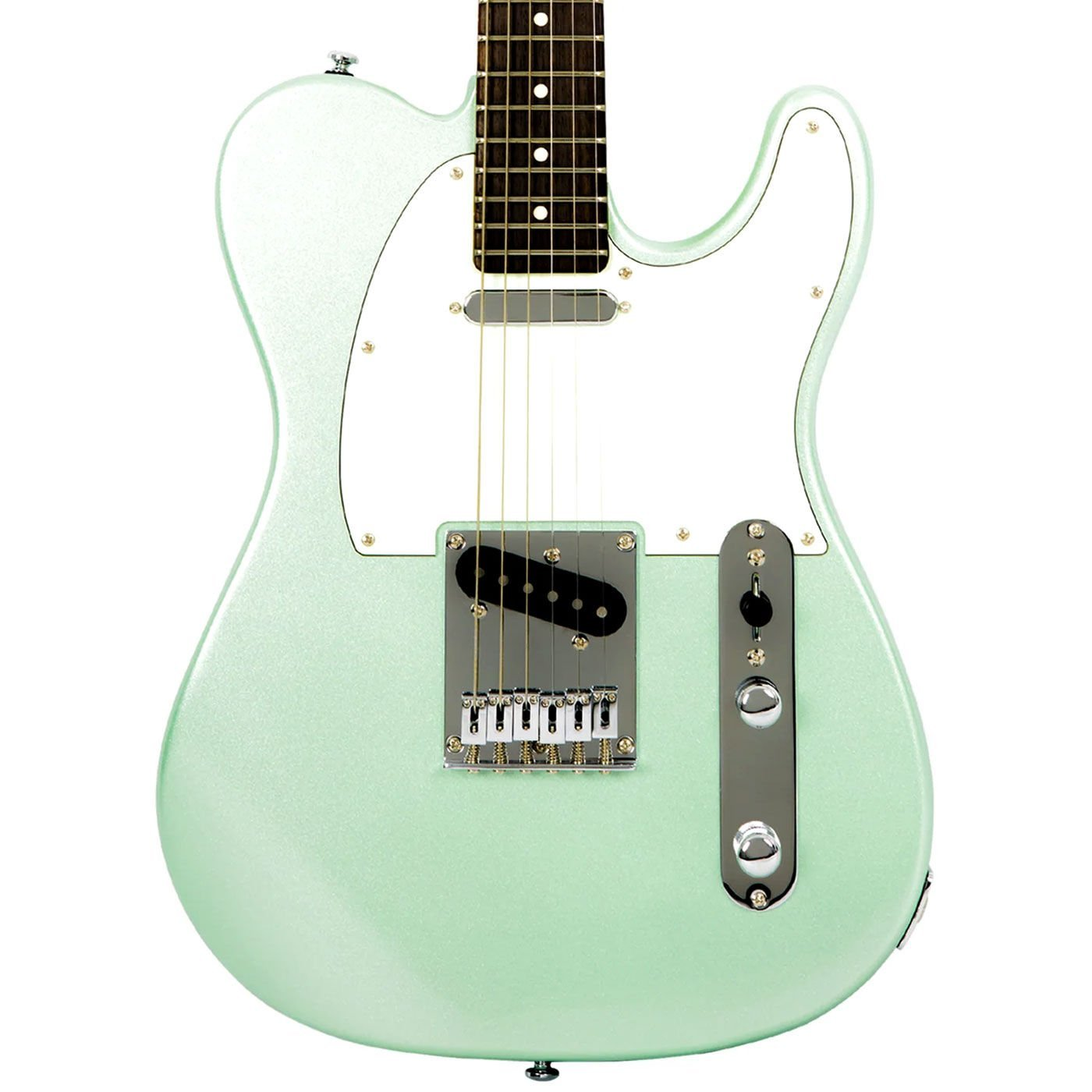 Krom donanımlı, beyaz pena korumalı, açık yeşil elektro gitar.