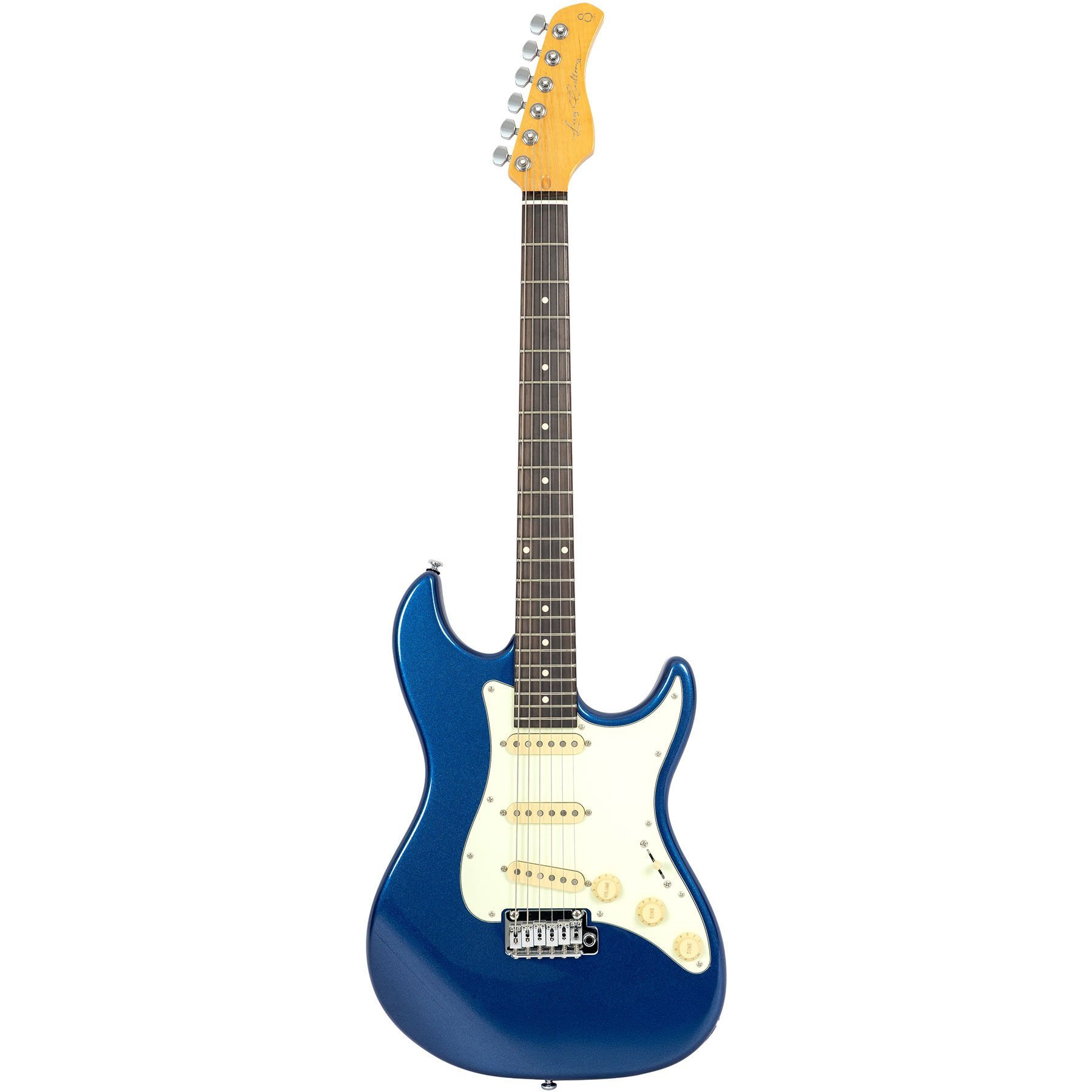 Beyaz pena korumalı ve gümüş donanımlı mavi elektro gitar.