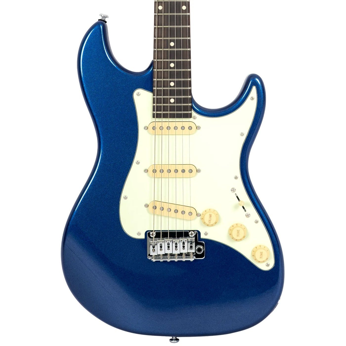 Beyaz pena korumalı, üç manyetiği olan mavi elektro gitar.