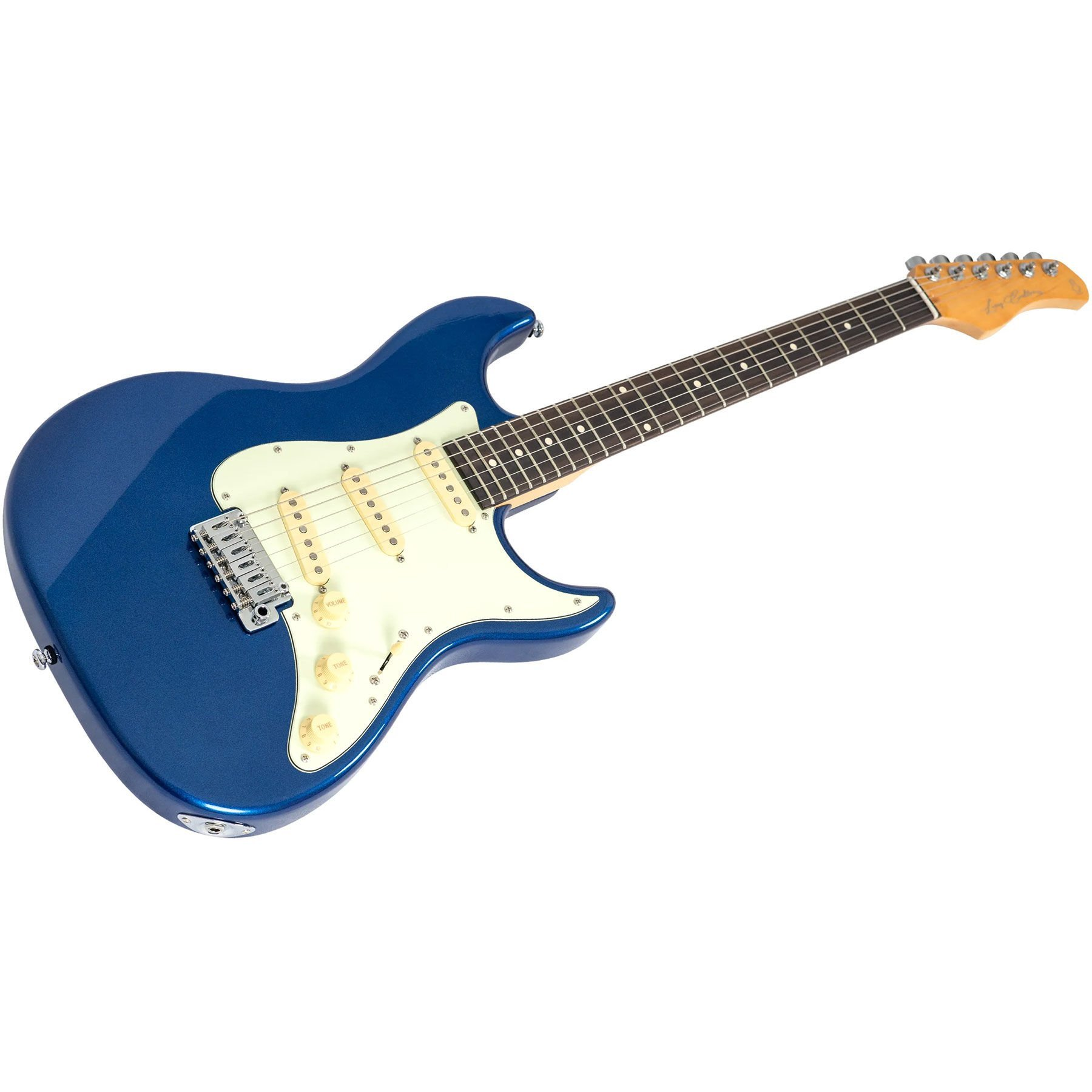 Beyaz pena korumalı ve krem rengi manyetikli mavi elektro gitar.