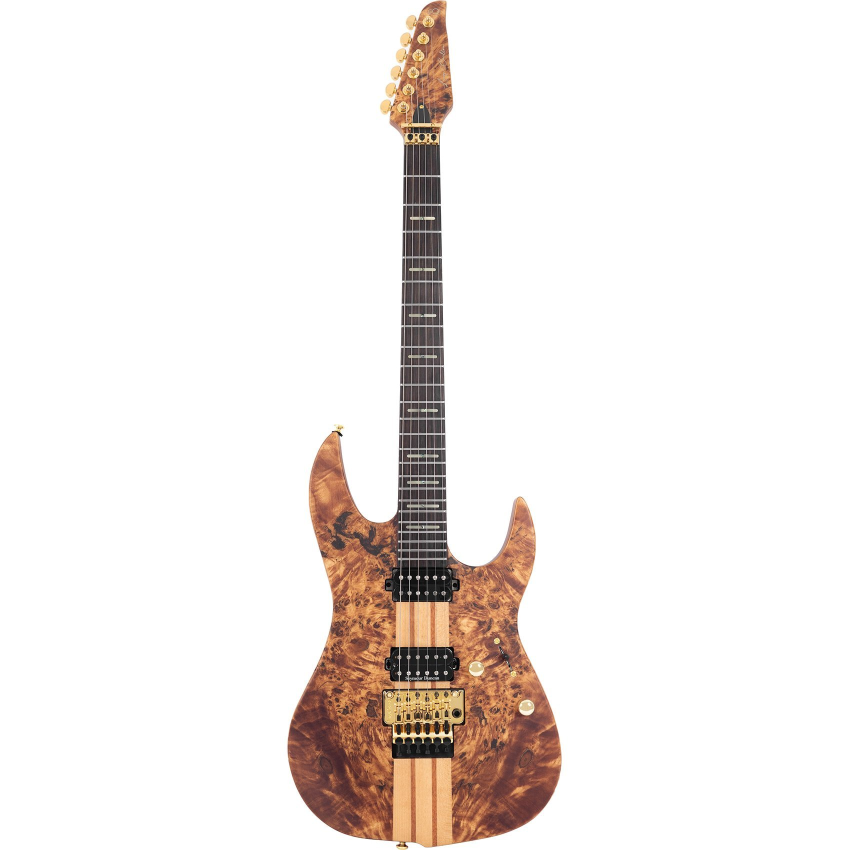 Desenli ahşap gövdeli ve altın donanımlı elektro gitar.