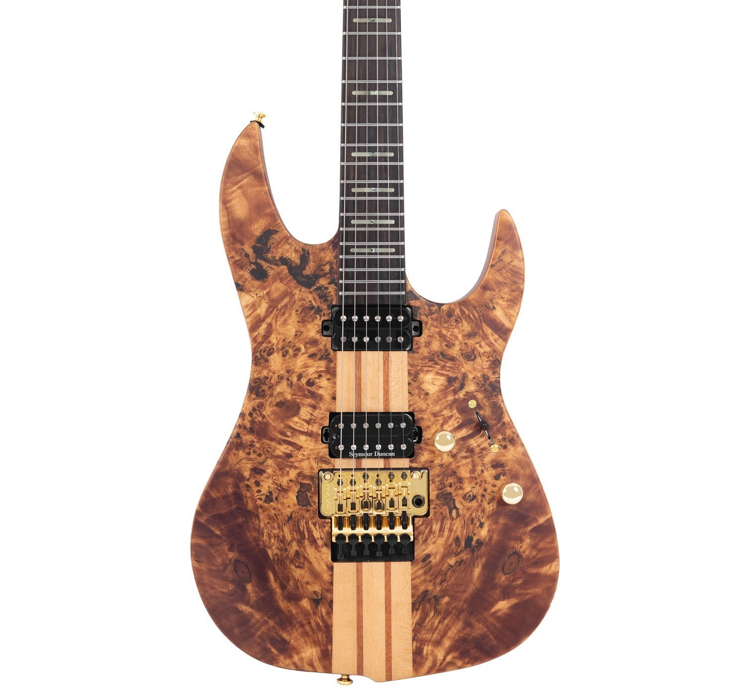 Kahverengi ahşap damarlı, altın donanımlı ve siyah manyetikli elektro gitar.