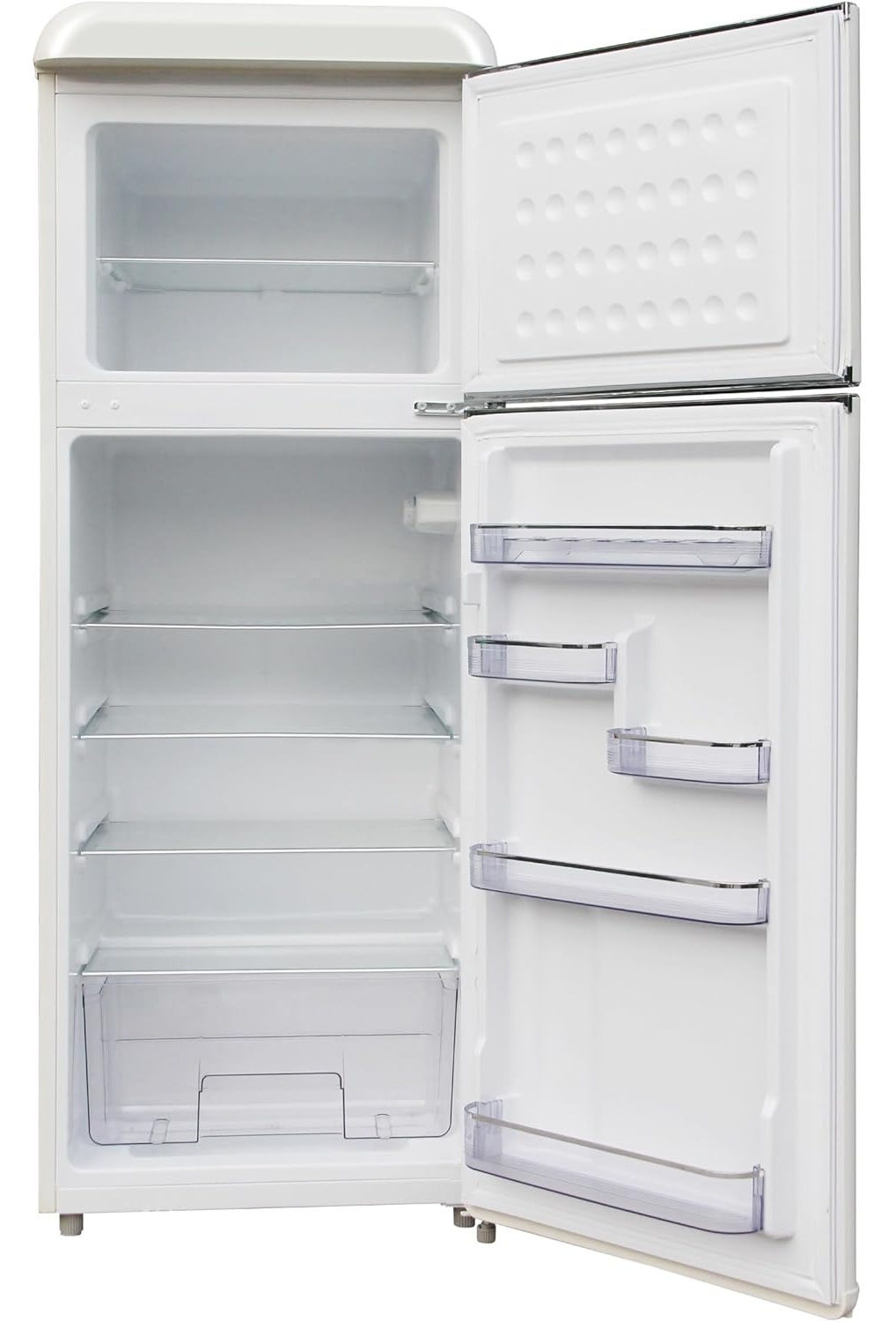 Un frigorifero bianco con porta aperta, vuoto all'interno, con ripiani e scomparti.