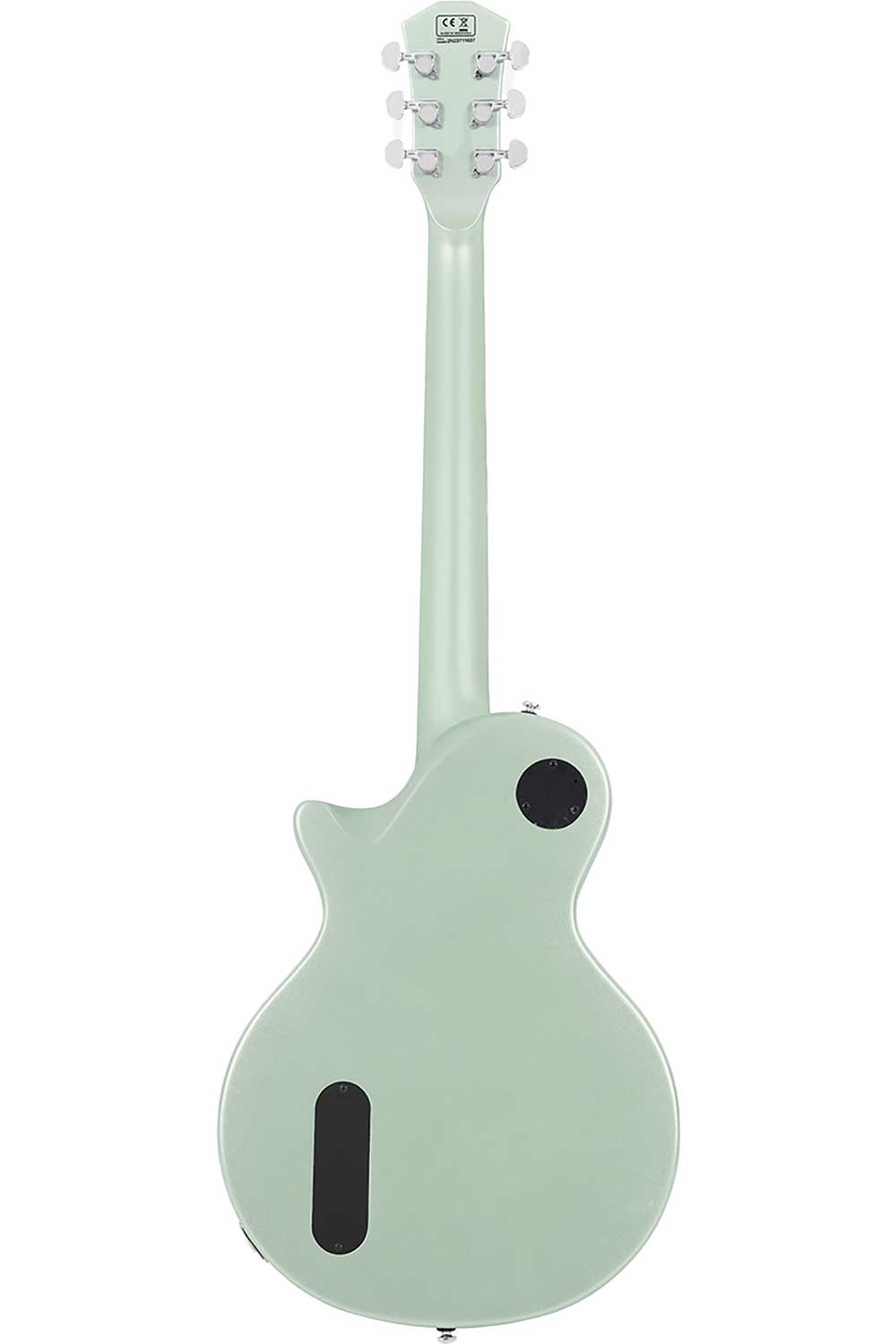 Gümüş burgulu, siyah kapaklı, açık yeşil elektro gitarın arka görünümü.