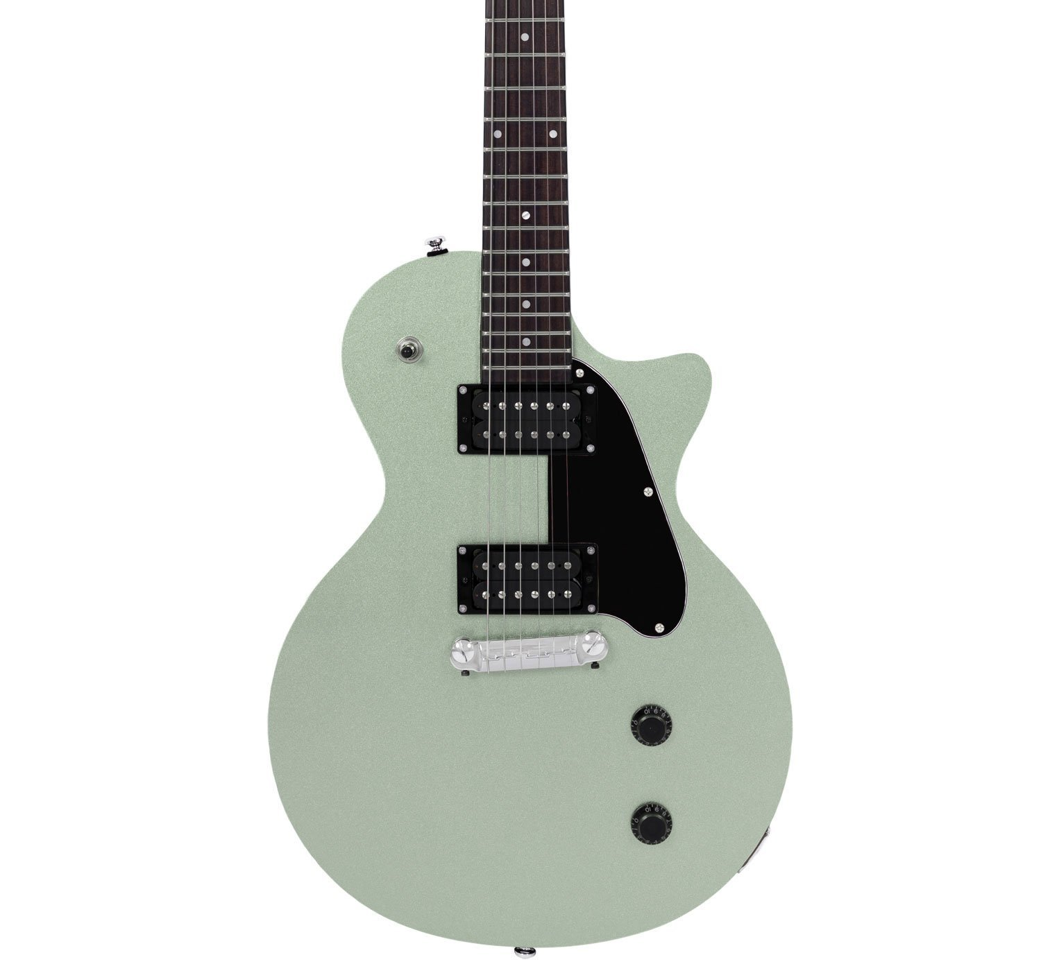 Siyah manyetik ve düğmeli, simli yeşil elektro gitar.