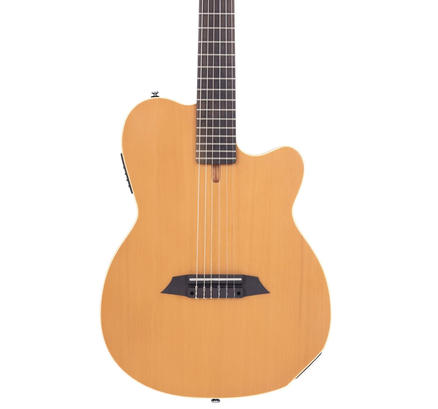Nylon tellerli ve tek kesik gövdeli açık kahverengi akustik gitarın yakın çekimi.