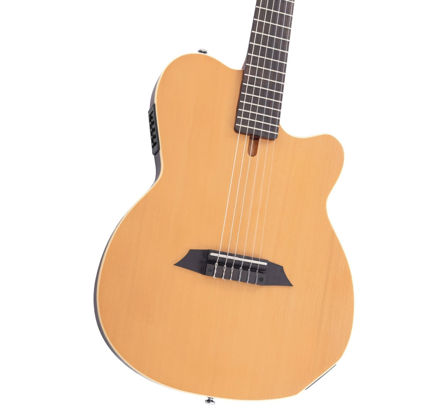 Altı telli, koyu klavyeli, açık kahverengi akustik gitarın yakın çekimi.