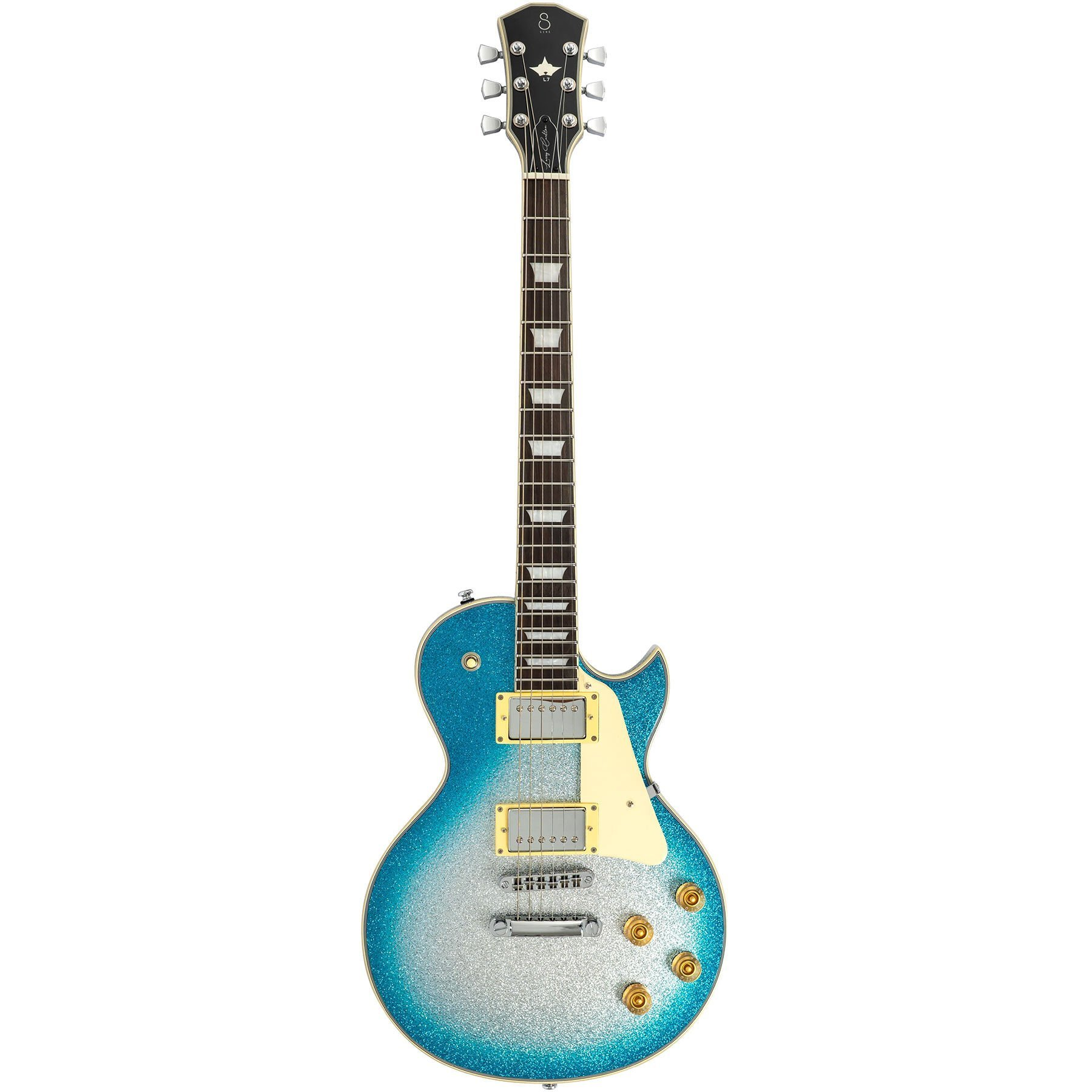 Altın donanımlı mavi ve gümüş simli elektro gitar ortalanmış olarak gösteriliyor.