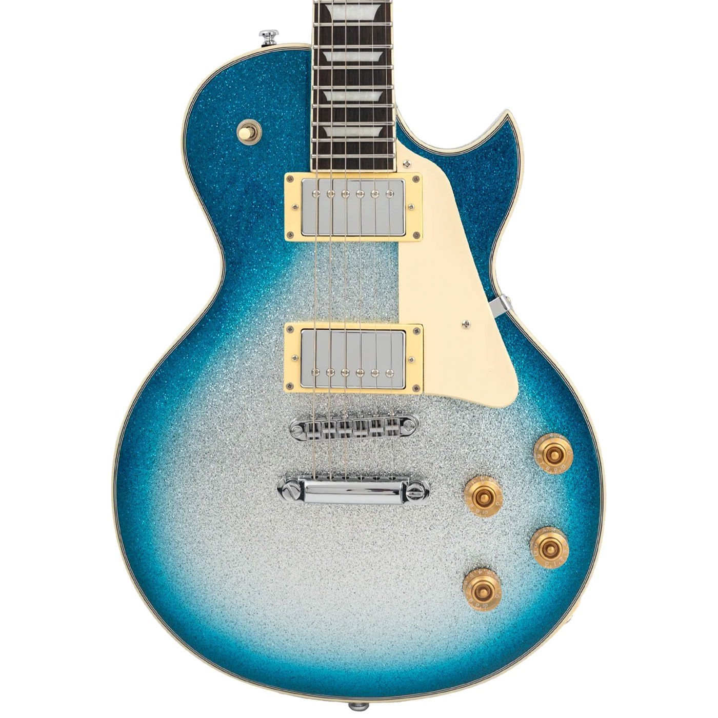 Mavi-gümüş geçişli, beyaz perdeli ve altın düğmeli ışıltılı elektro gitar.