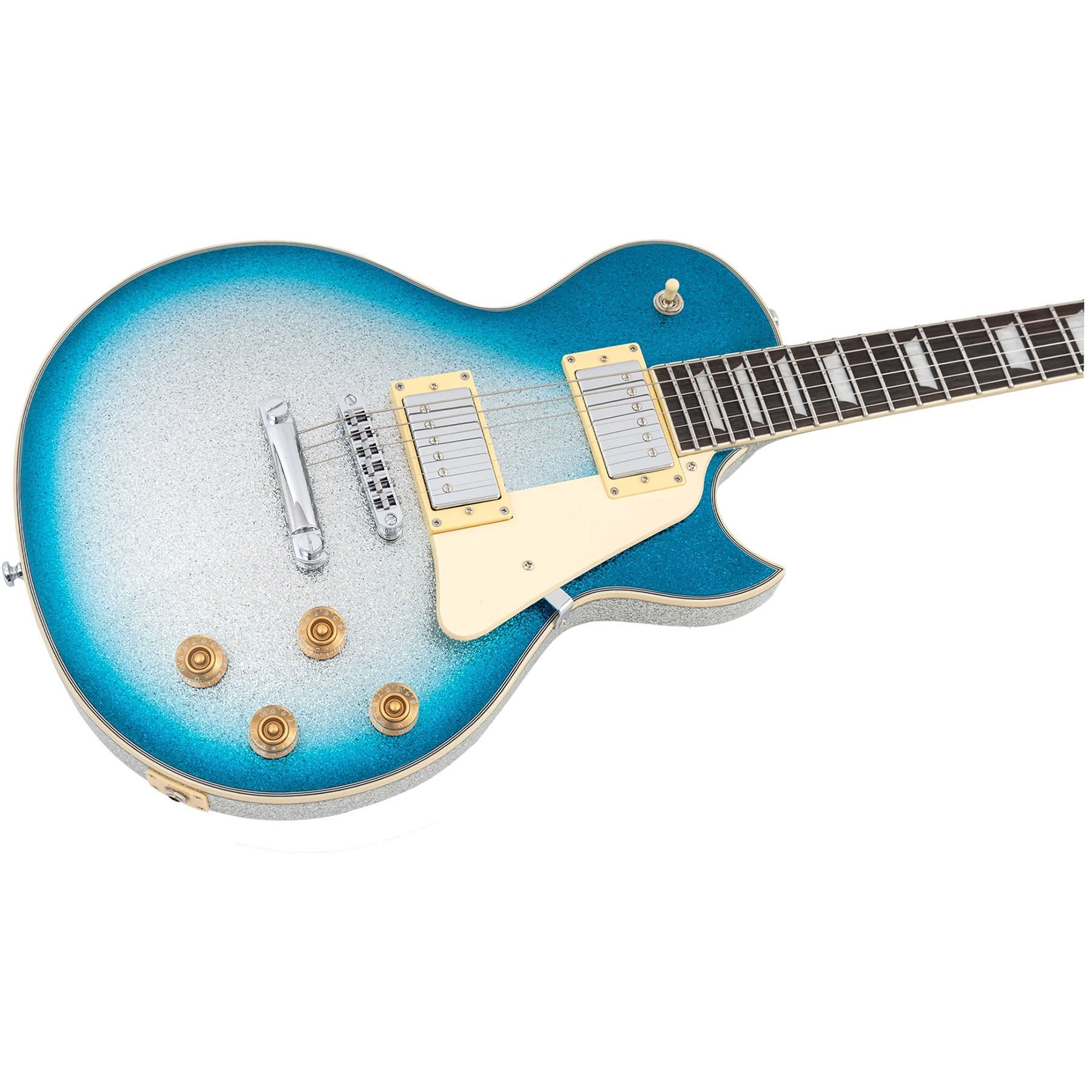 Krom donanım ve altın düğmeli, mavi-gümüş simli elektro gitar.