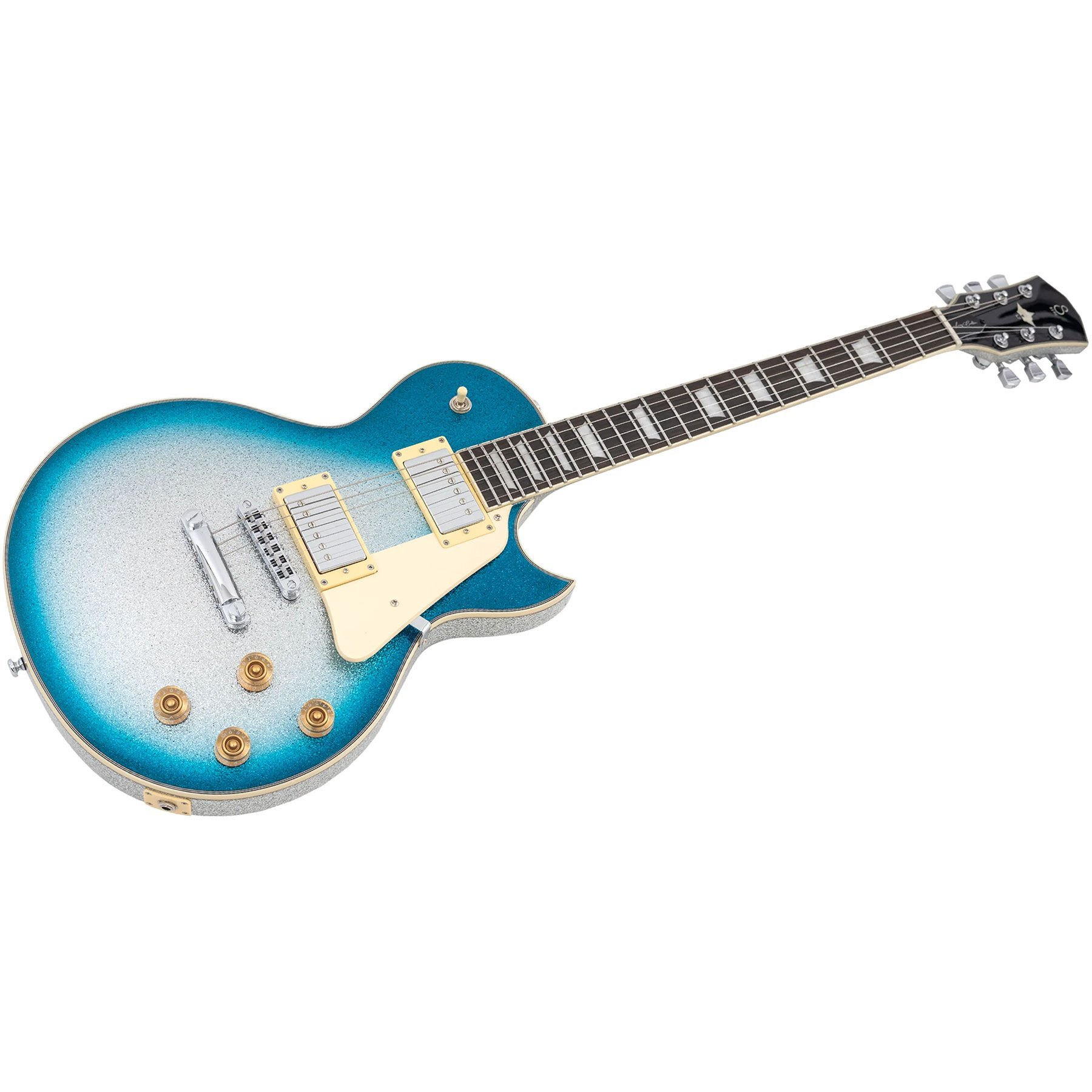Altın düğmeli ve beyaz pickguard'lı, ışıltılı mavi-gümüş elektro gitar.