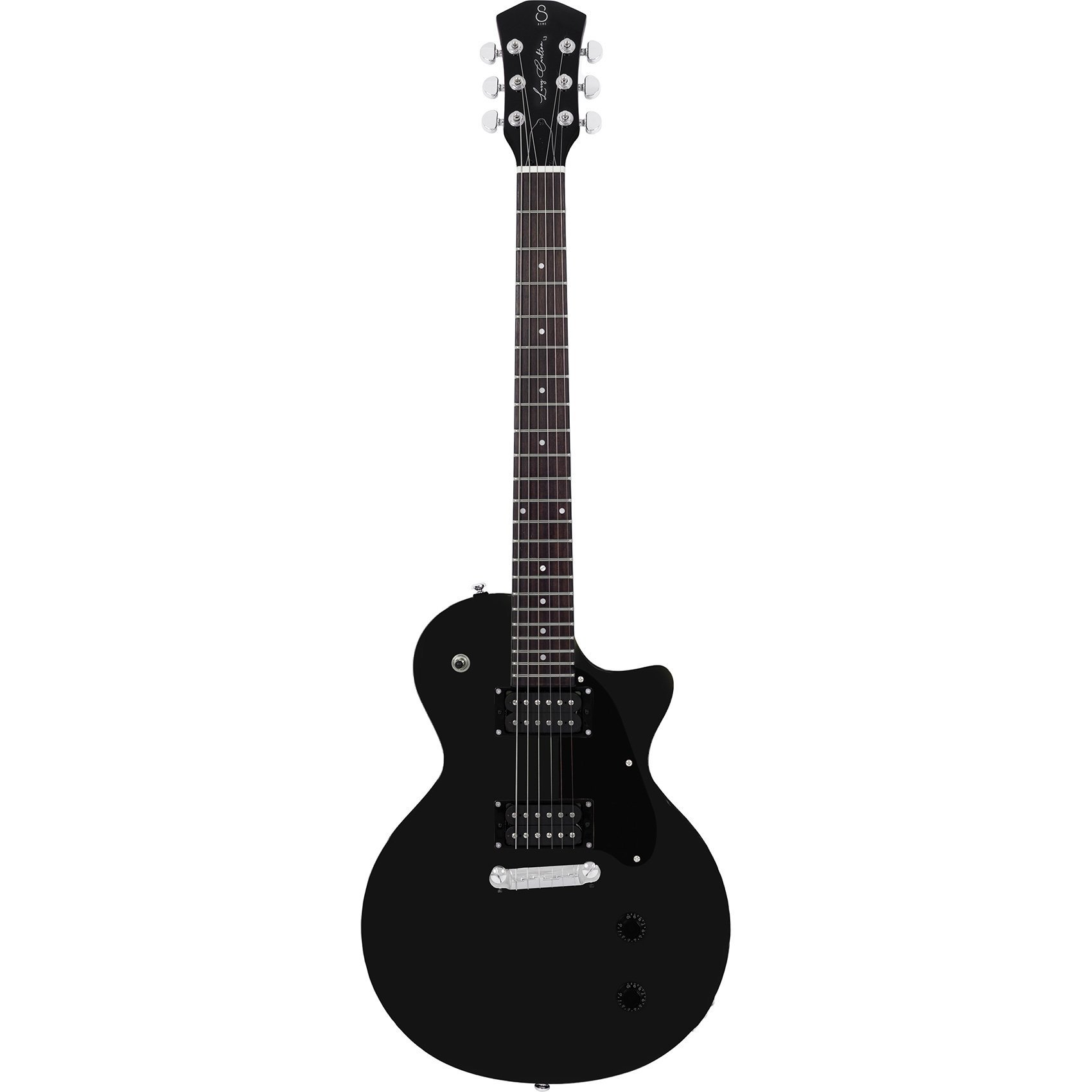 Gümüş akort burgulu ve telli siyah bir elektro gitar.