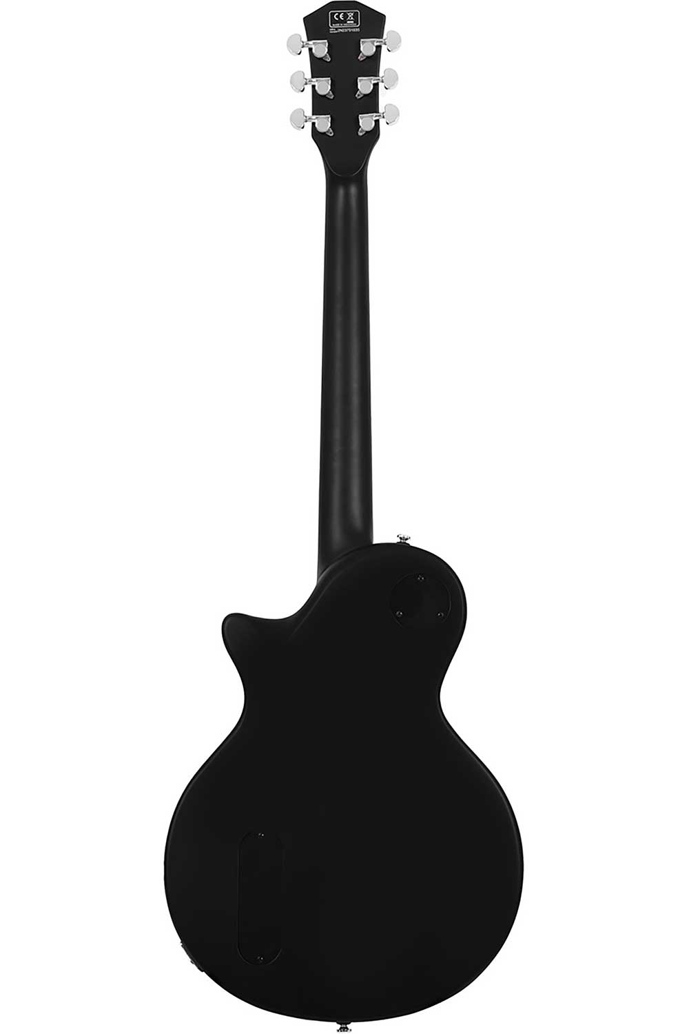 Gümüş burgular ve CE işareti olan siyah elektro gitarın arka görünümü.