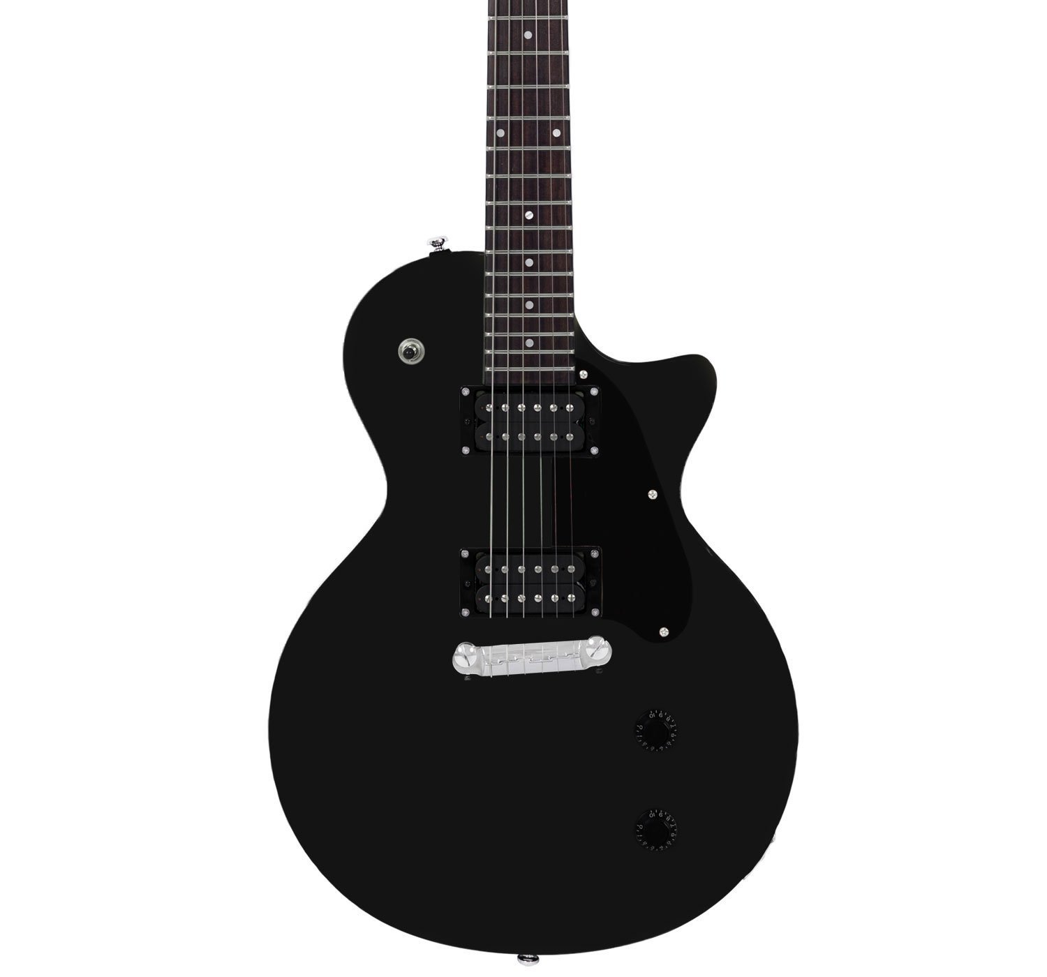 Gümüş teller ve düğmelerle siyah elektro gitar, beyaz arka plan üzerinde.