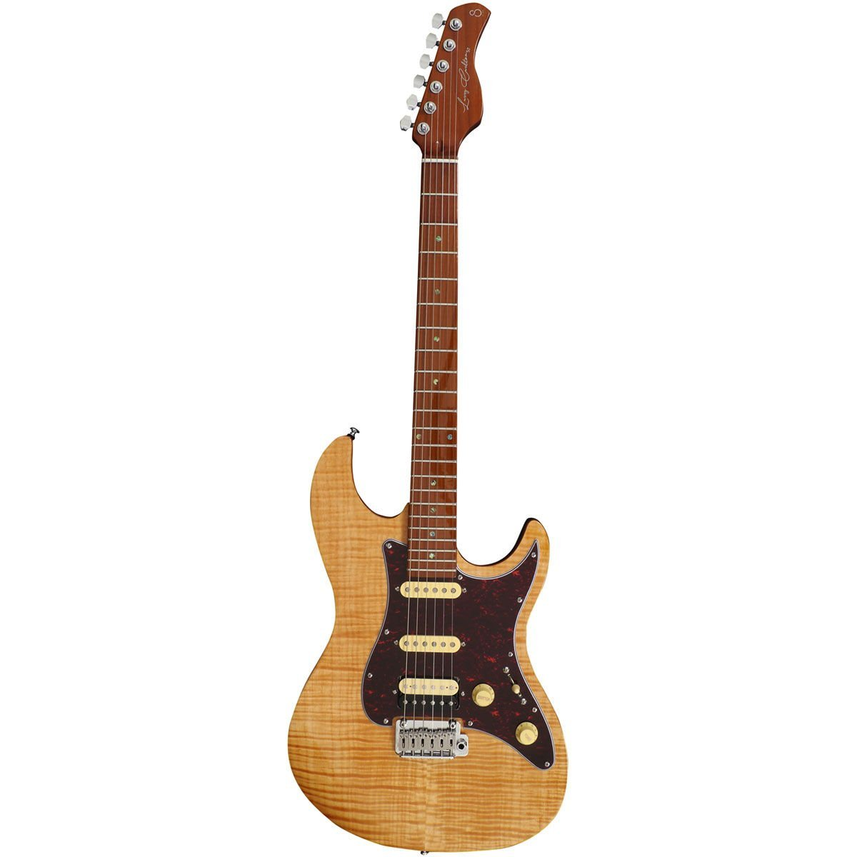Gümüş burgulu, kaplumbağa desenli pena korumalı, üç manyetiği olan kahverengi elektro gitar.