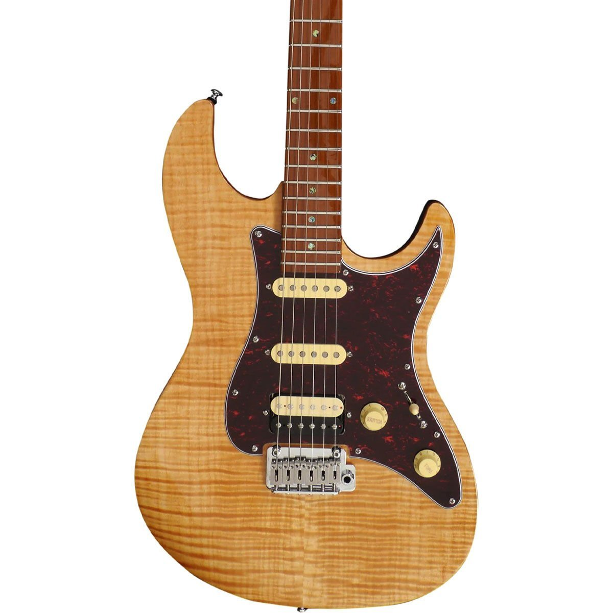 Kaplumbağa kabuğu pena ve krem rengi manyetiklere sahip açık renkli elektro gitar.