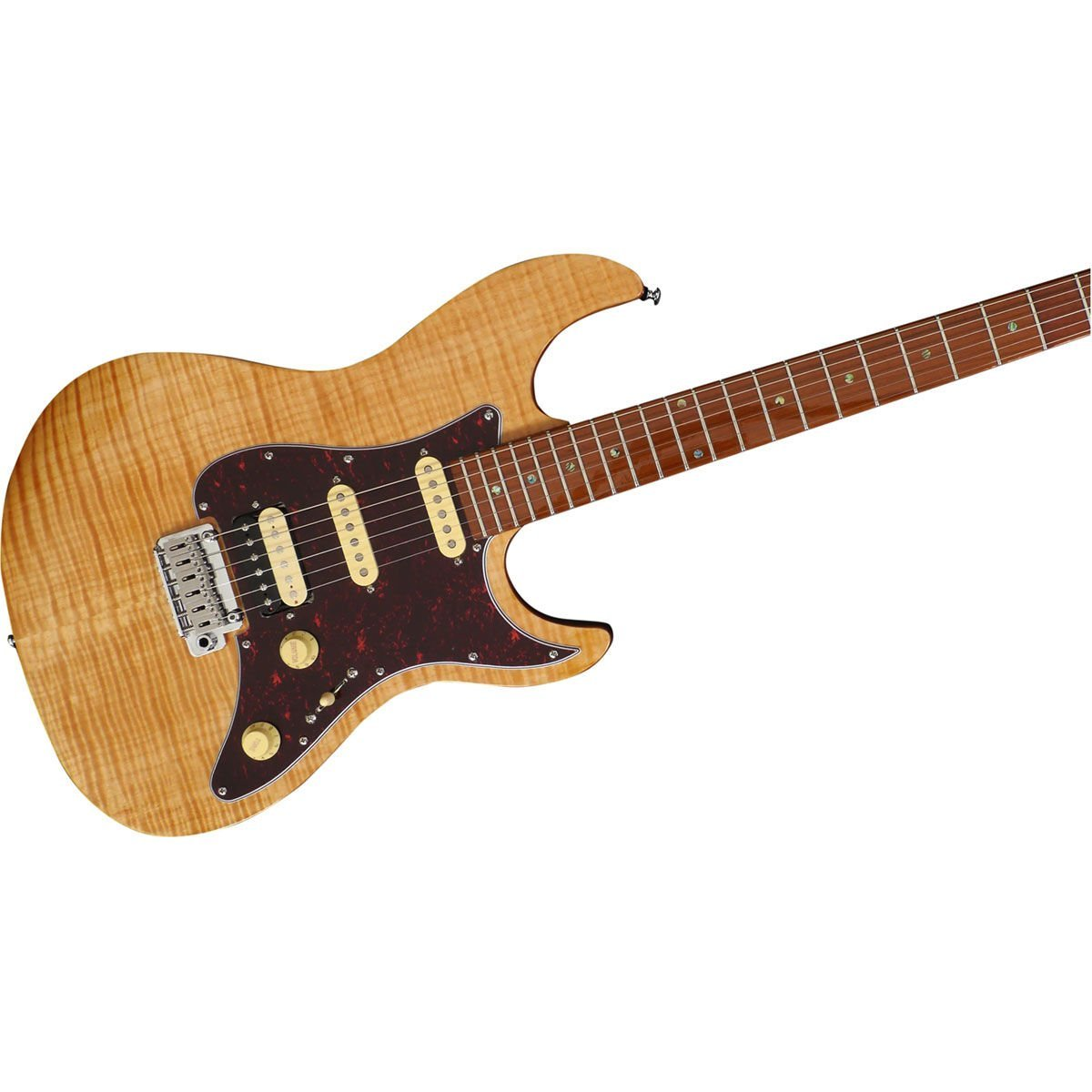 Dört telli, kırmızı pena korumalı, açık renk ahşap gövdeli elektro gitar.