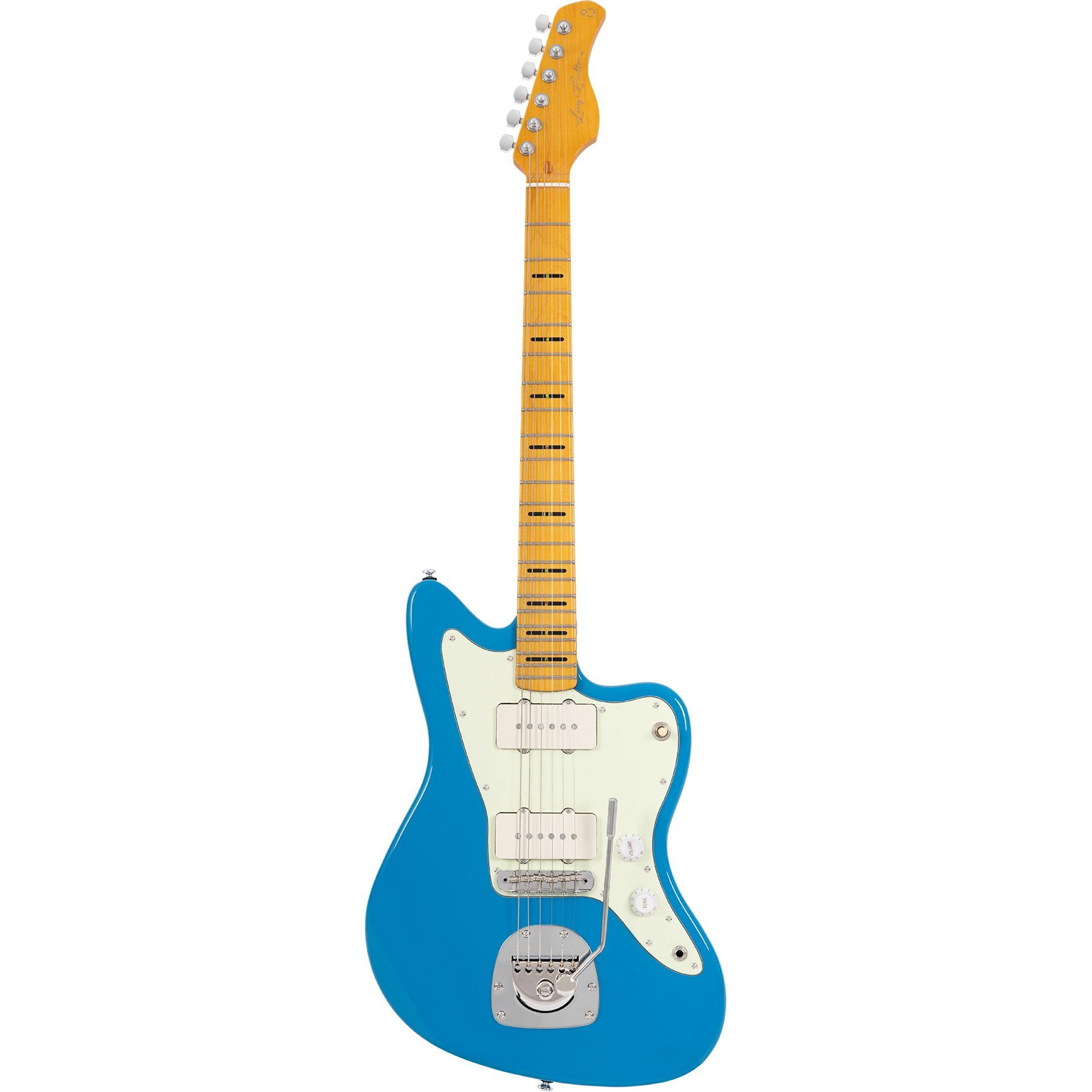 Beyaz pena korumalı ve akçaağaç saplı mavi elektro gitar gövdesi.