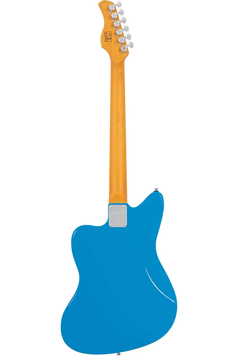 Açık kahverengi ahşap saplı, gümüş akort burgulu ve gümüş sap plakalı parlak mavi bir elektro gitarın arkası.