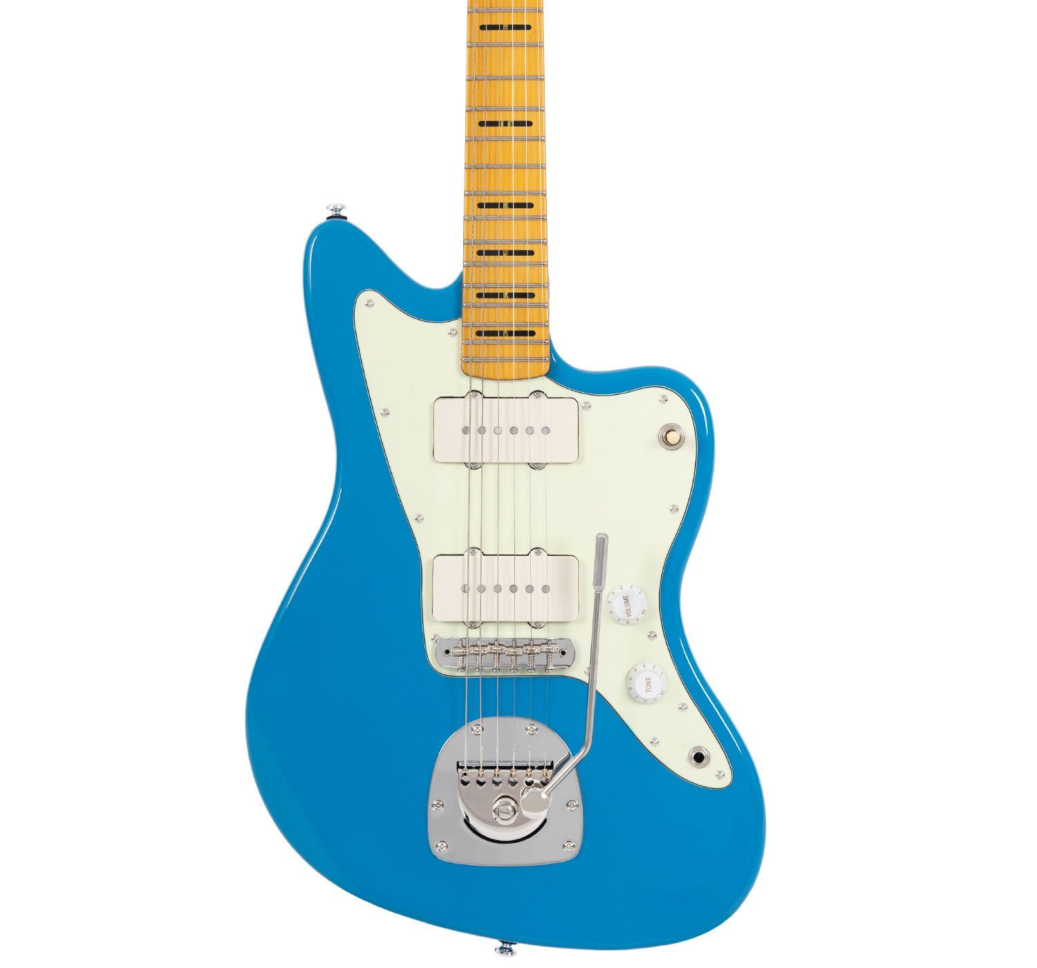 Beyaz pena korumalı ve sarı klavyeli mavi elektro gitar.