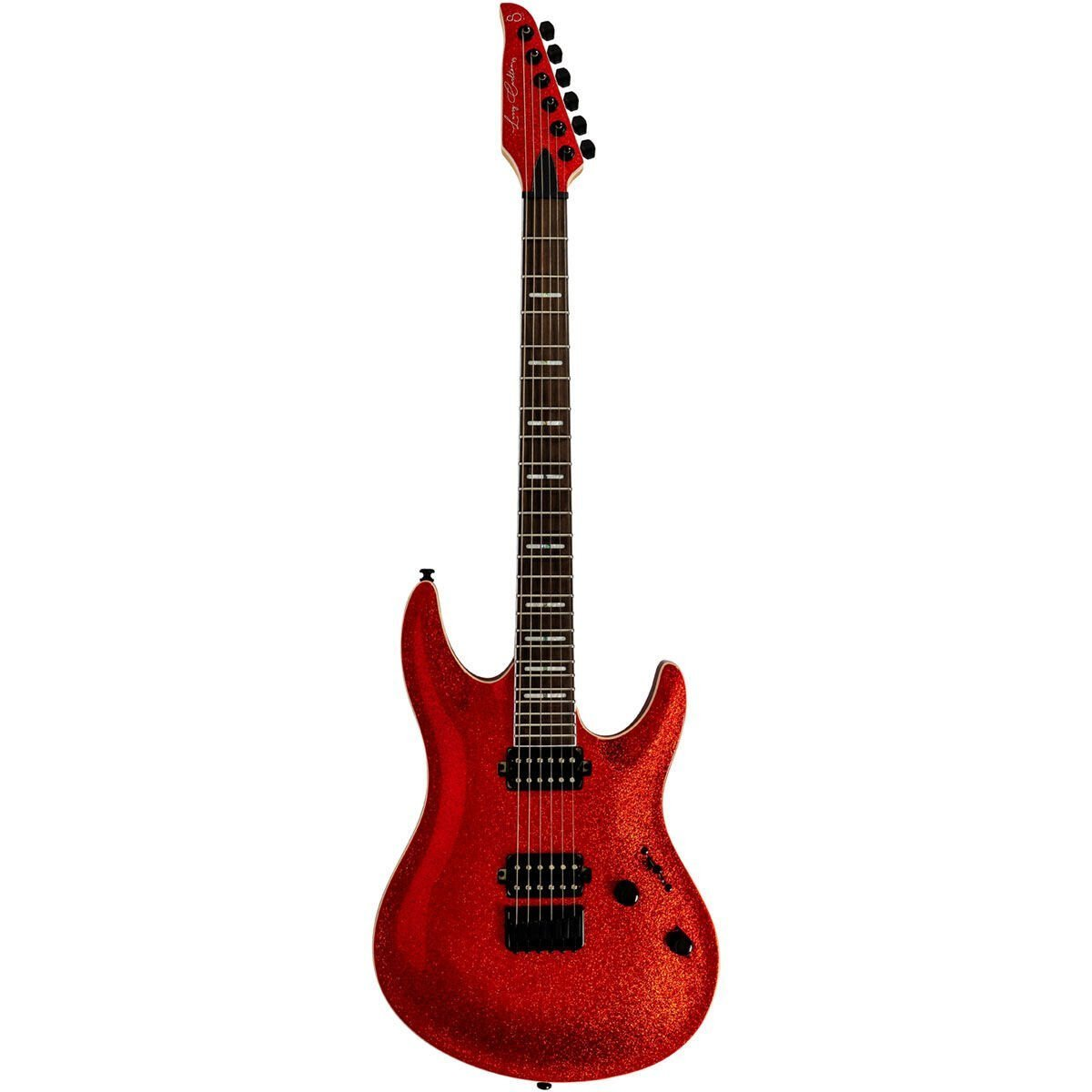 Siyah telli ve düğmeli, ışıltılı kırmızı elektro gitar.