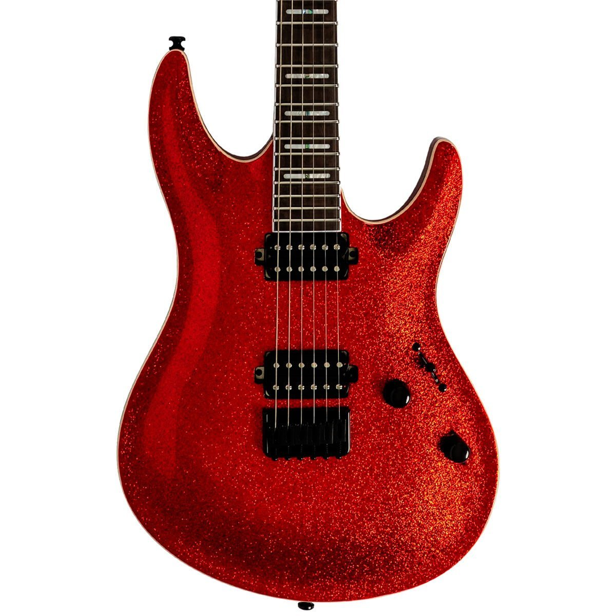 Parlak kaplamalı, siyah manyetikli ve telli kırmızı elektro gitar.