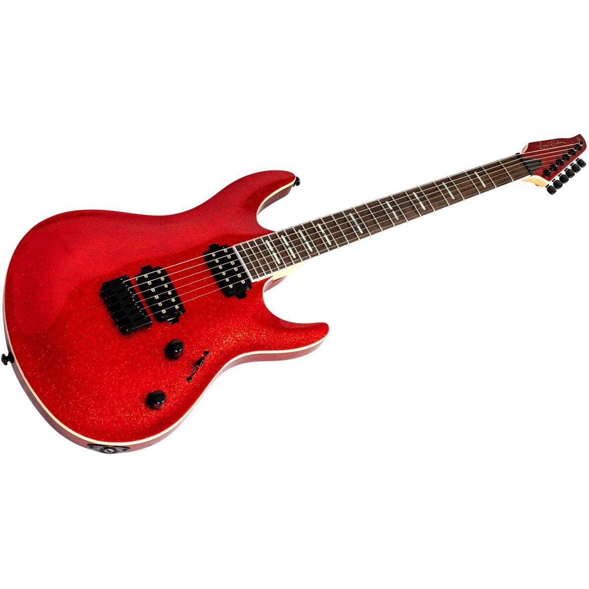 Siyah manyetik ve tellere sahip parlak kırmızı elektro gitar.