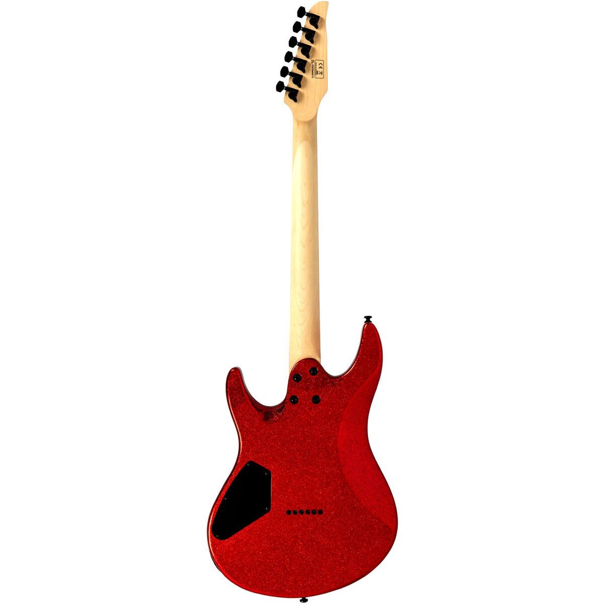 Kırmızı simli elektro gitar, arka görünüm, açık renk ahşap sap ve siyah burgular.