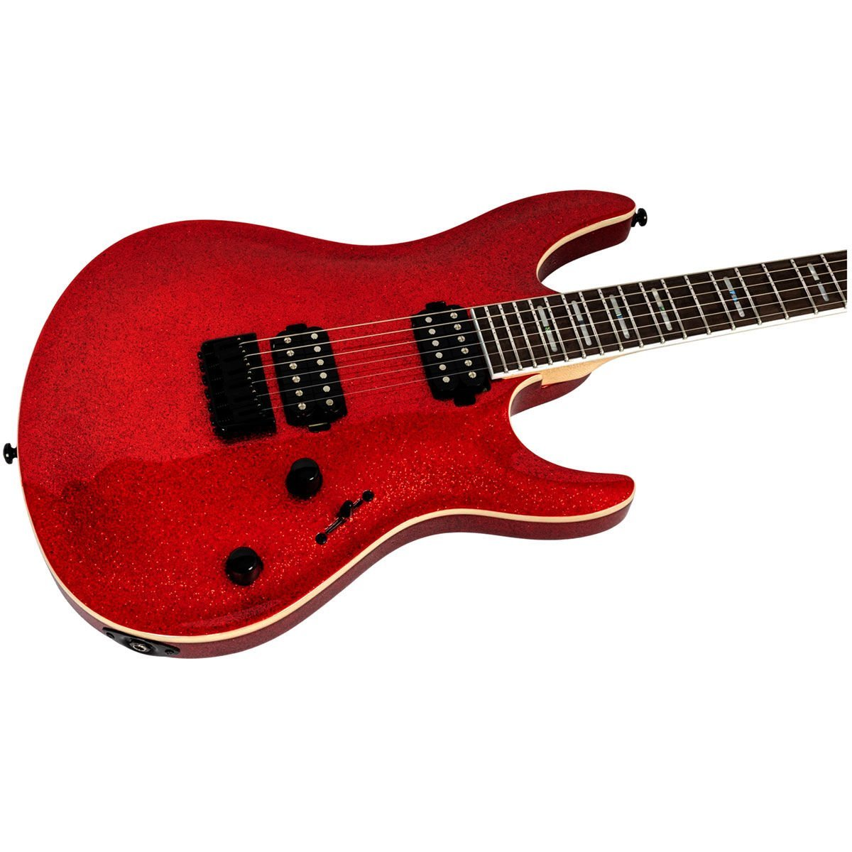 Kırmızı simli elektro gitar, siyah manyetikler ve düğmeler.