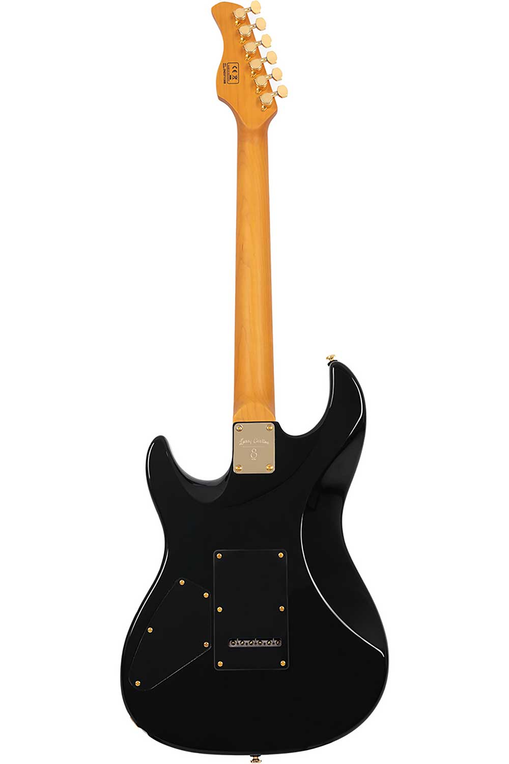 Altın burgulu siyah elektro gitarın arkadan görünümü, ahşap saplı.