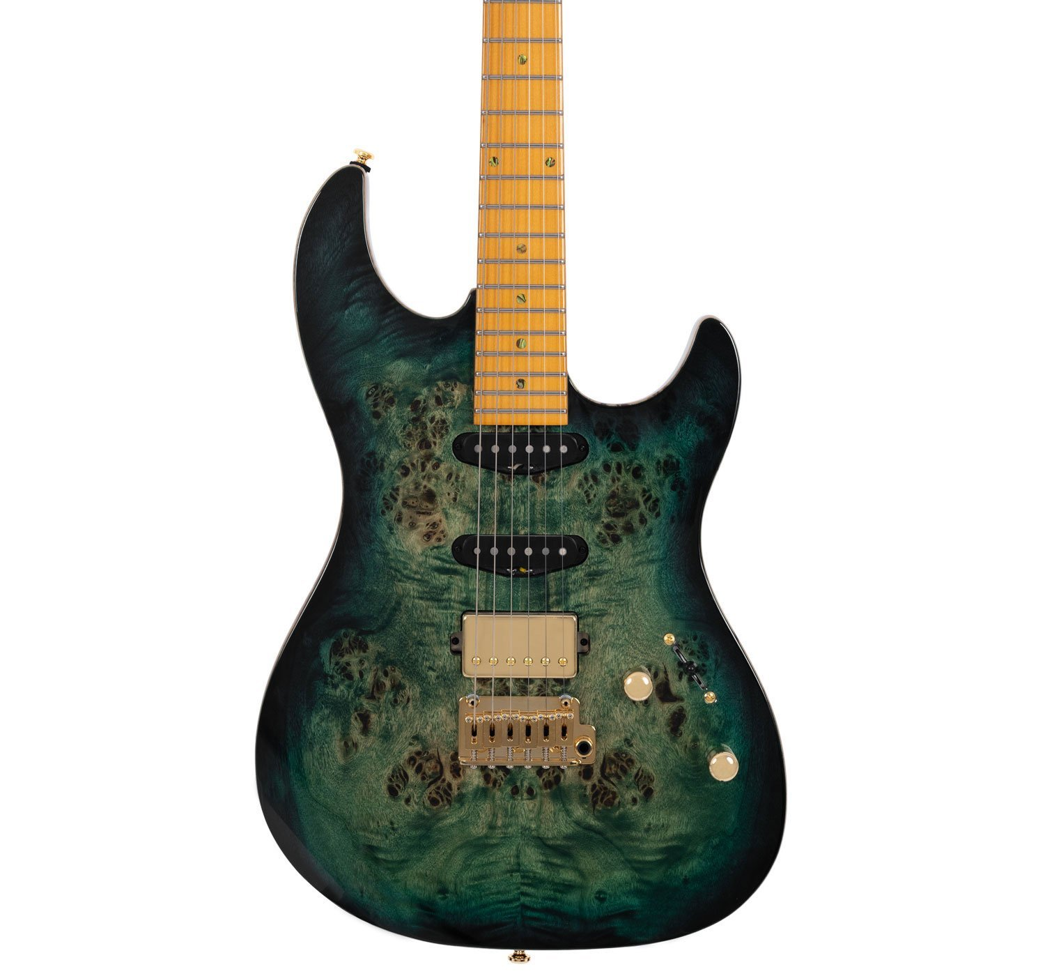 Yeşil desenli gövdeli, altın donanımlı elektro gitar.