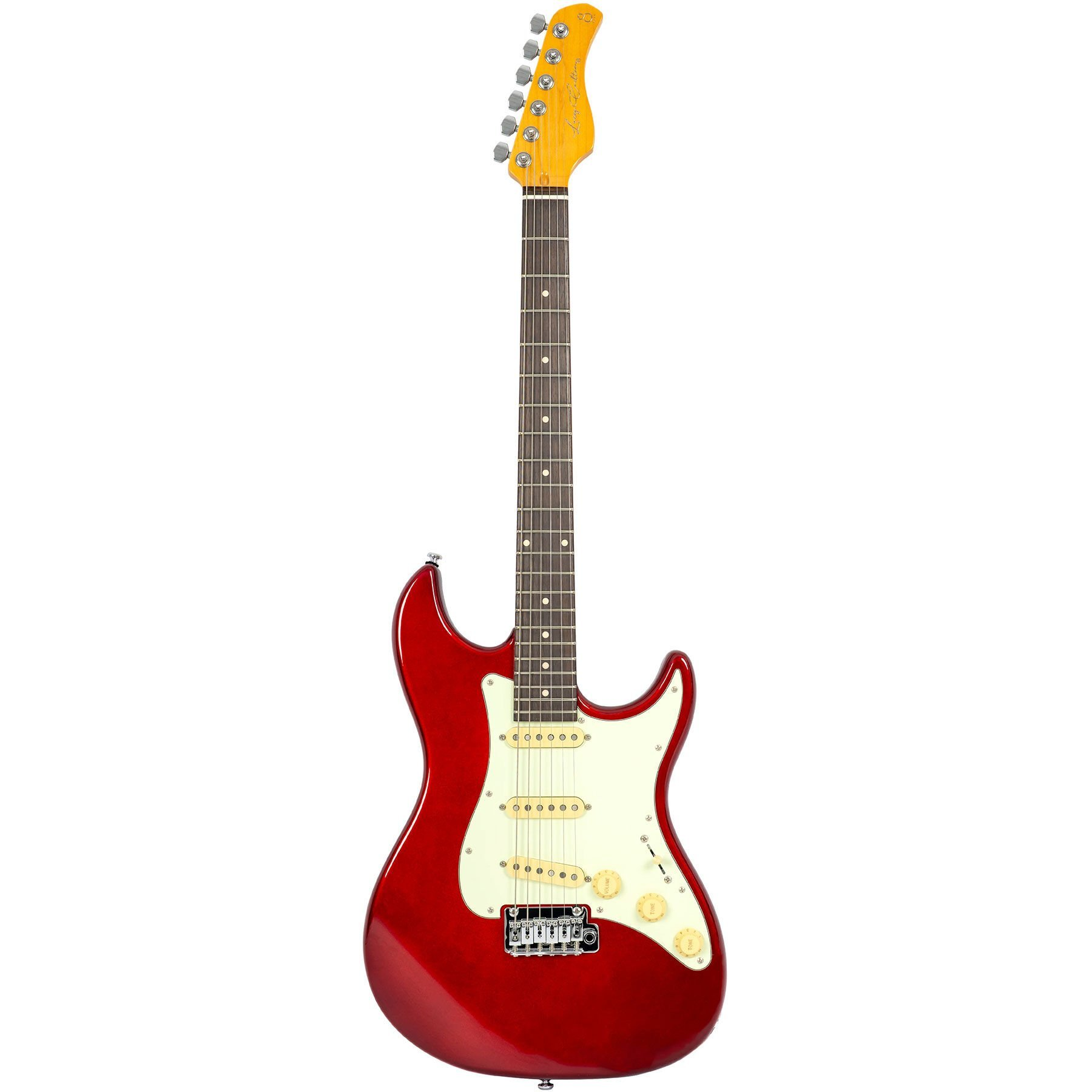 Beyaz pena korumalı ve altın düğmeli kırmızı elektro gitar.