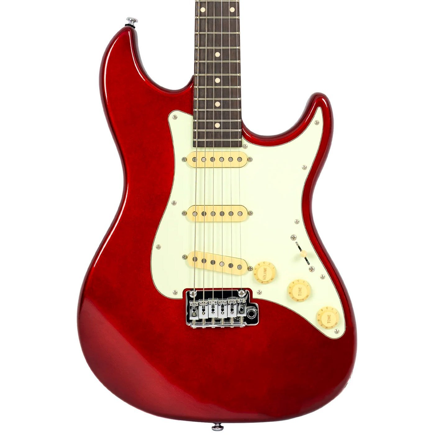 Krem rengi pickguard'lı ve üç manyetikli kırmızı elektro gitar.