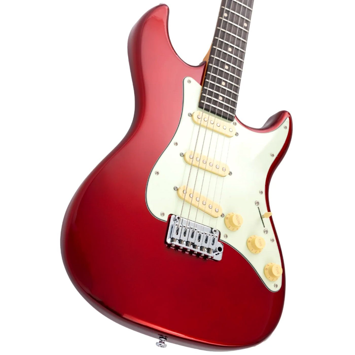 Beyaz pena korumalı ve krem rengi manyetikli kırmızı elektro gitar.