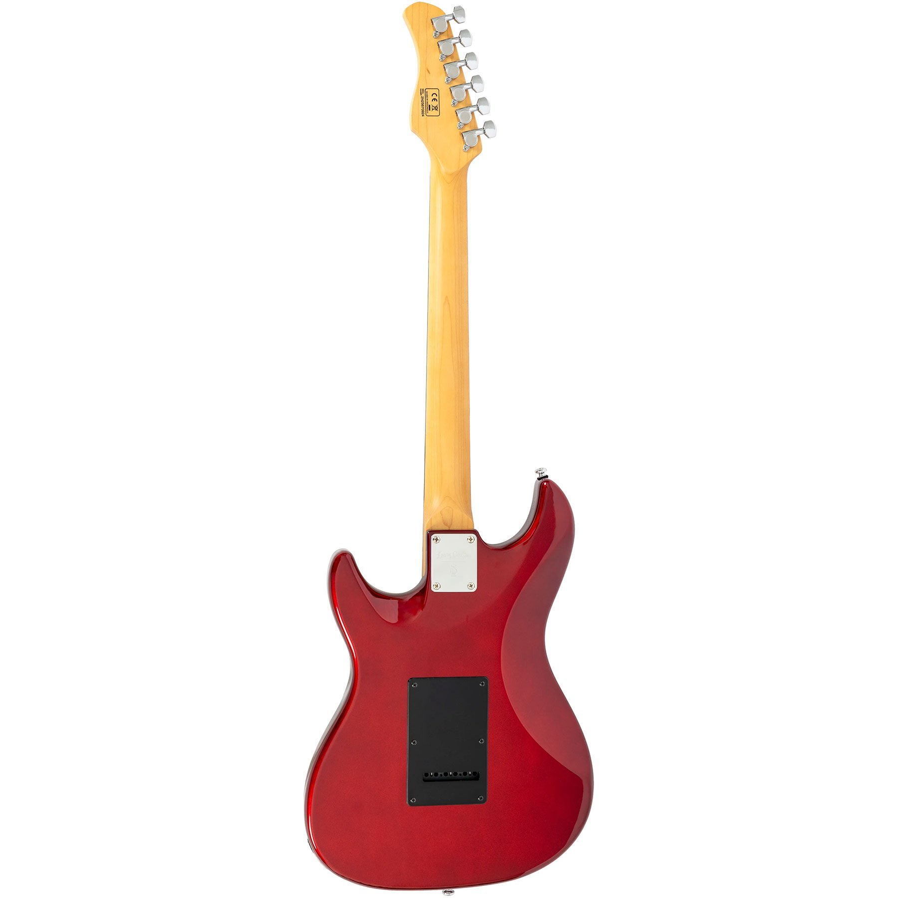 Gümüş donanım ve siyah manyetiğe sahip kırmızı elektro gitarın arka görünümü.