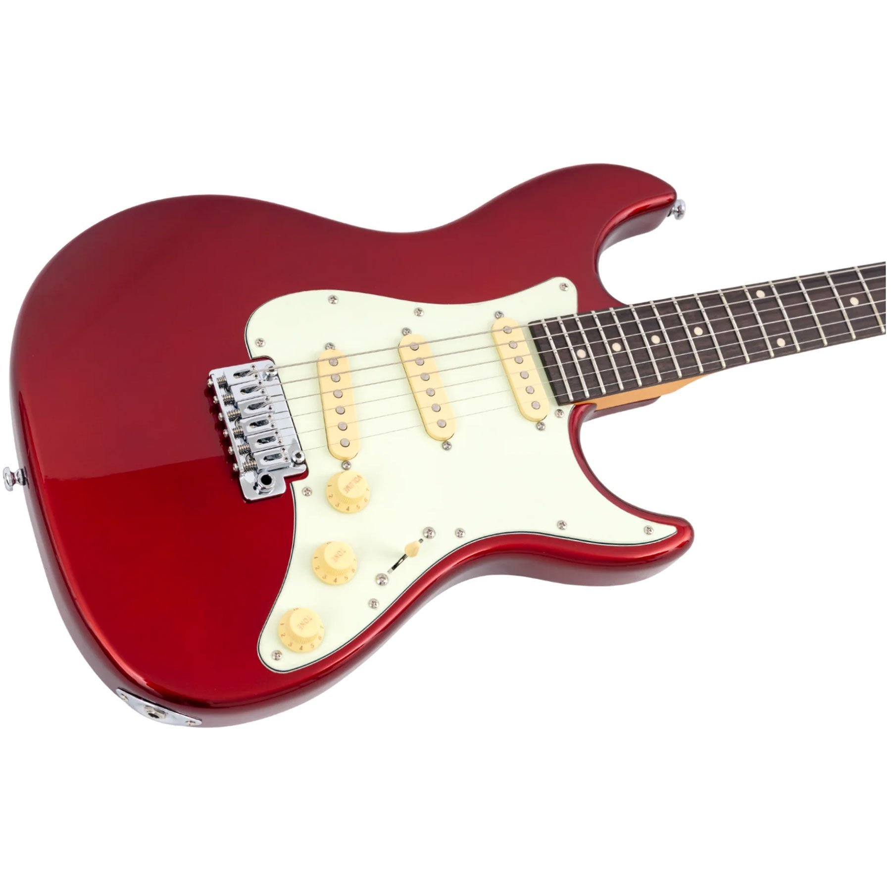 Krem pena ve krem renkli manyetiklere sahip kırmızı elektro gitar.
