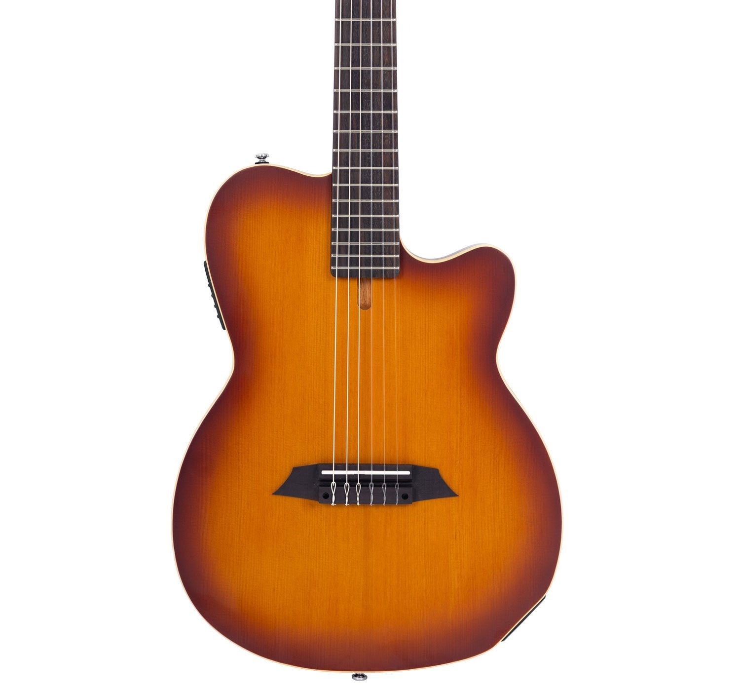 Koyu renk saplı, kahverengi gövdeli gitar, beyaz arka plan üzerinde.