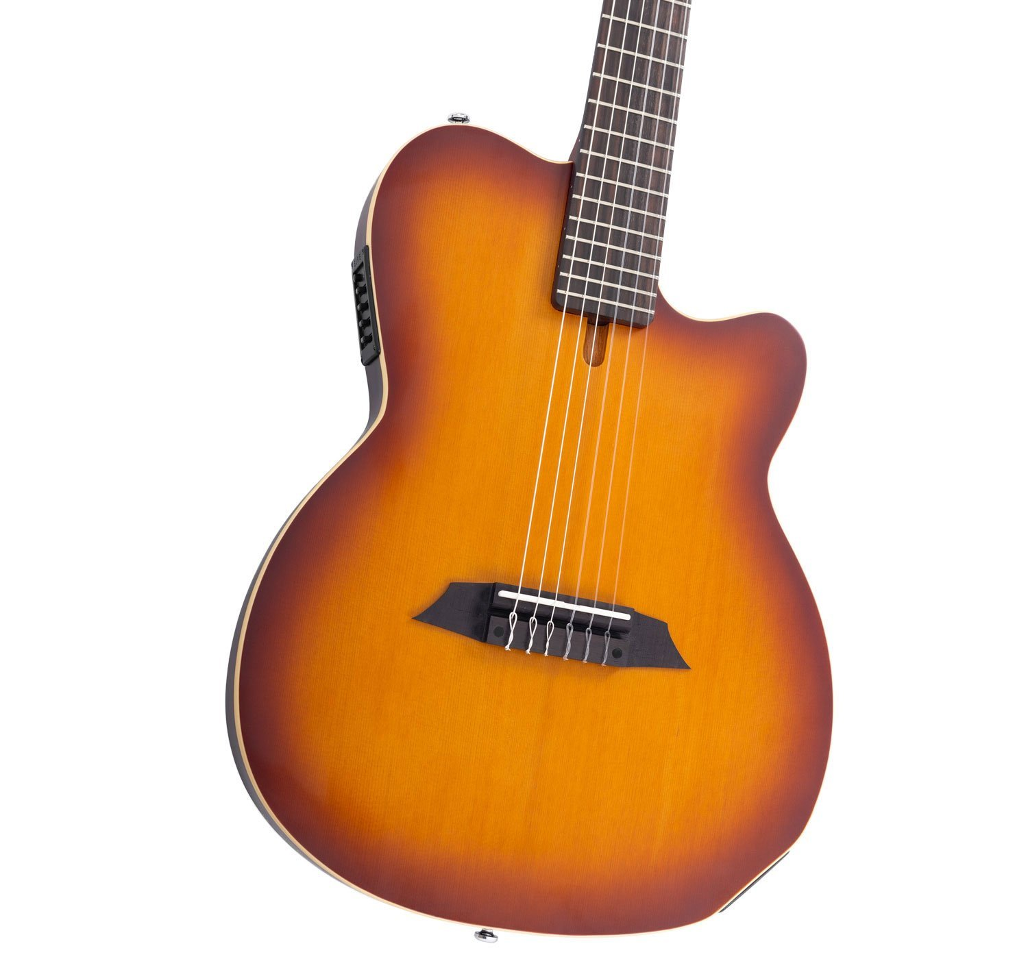 Sunburst akustik gitar, beyaz arka planda teller ve köprü ile.