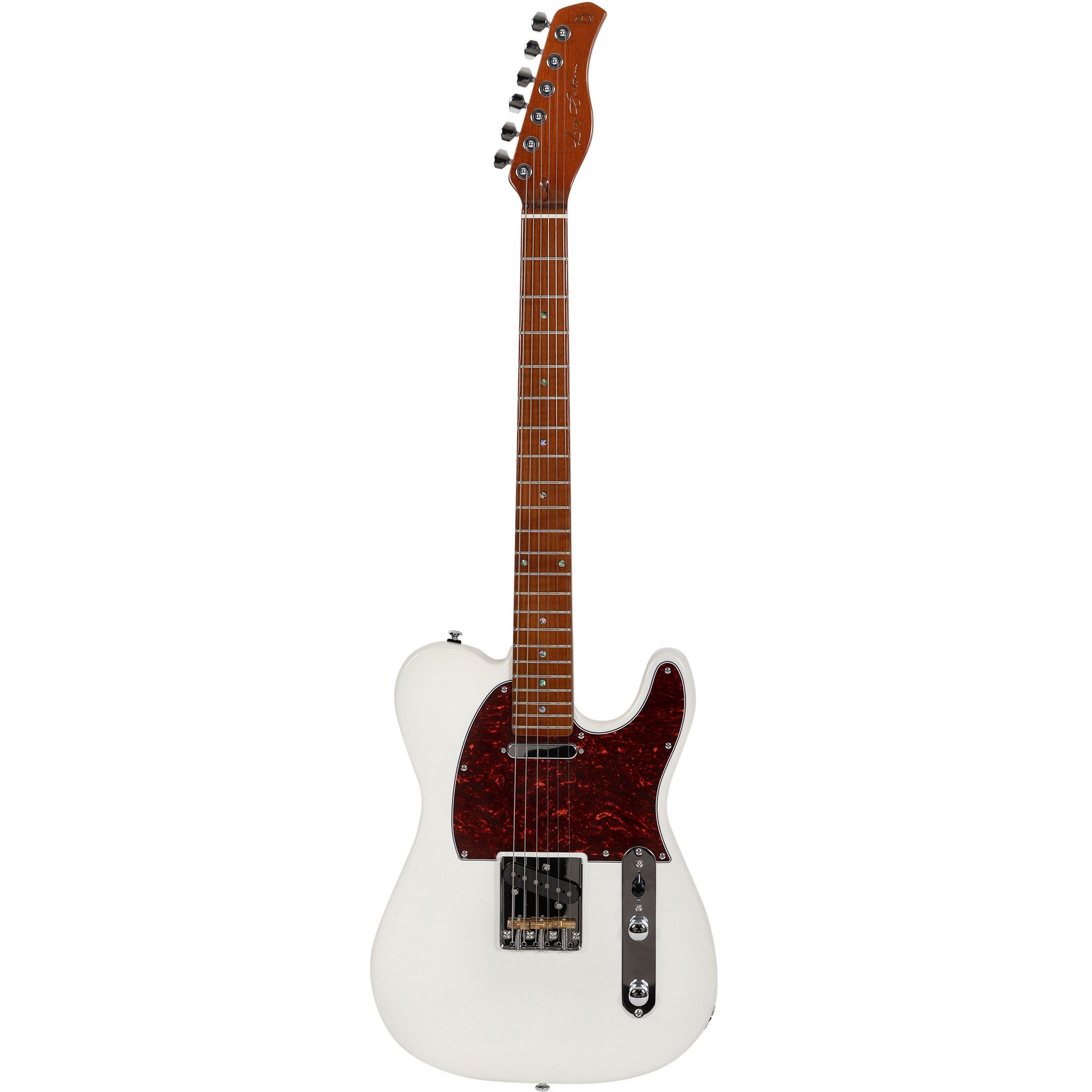 Kahverengi klavyeli ve kaplumbağa kabuğu pickguardlı beyaz elektro gitar.