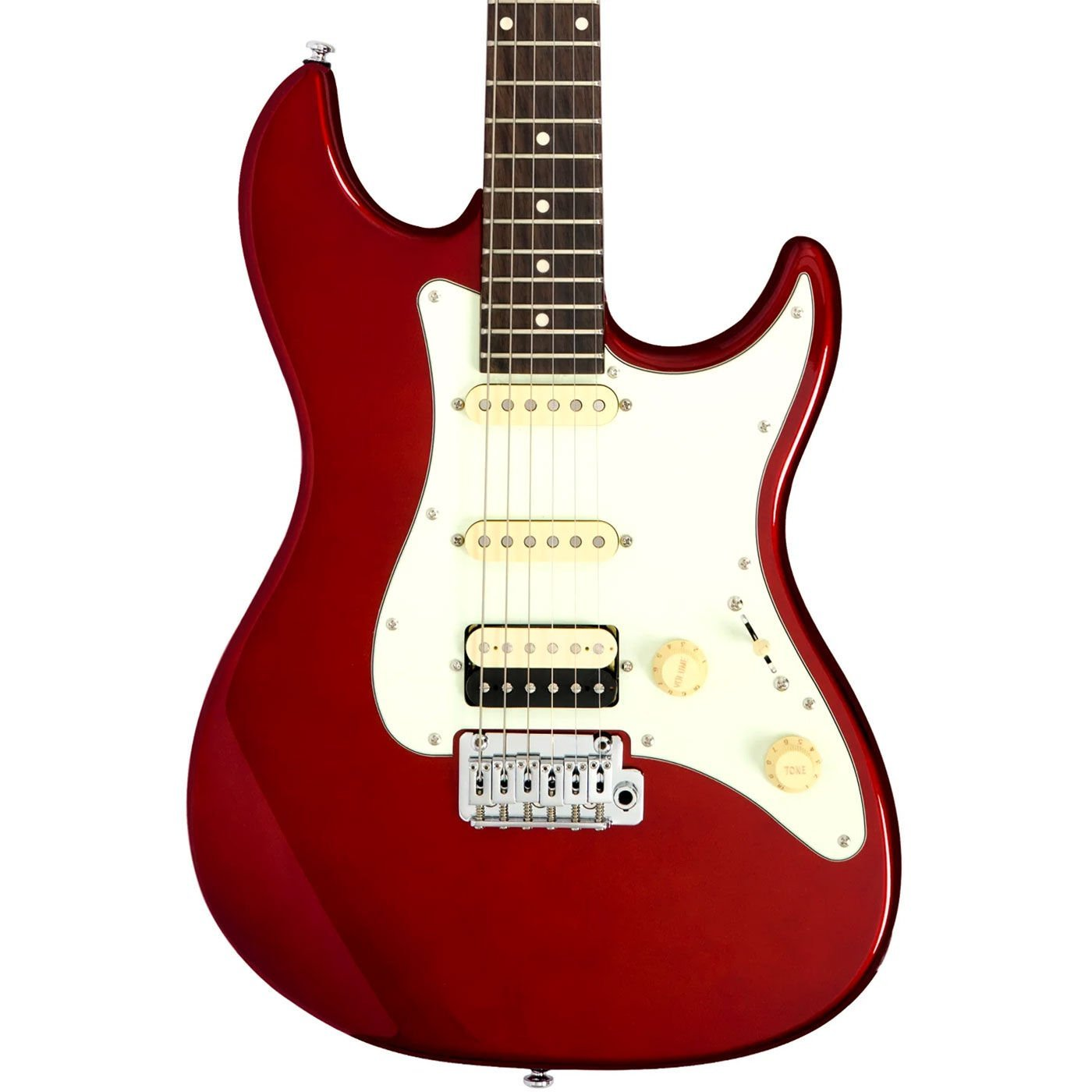 Beyaz pena korumalı kırmızı elektro gitar ve gümüş donanım.