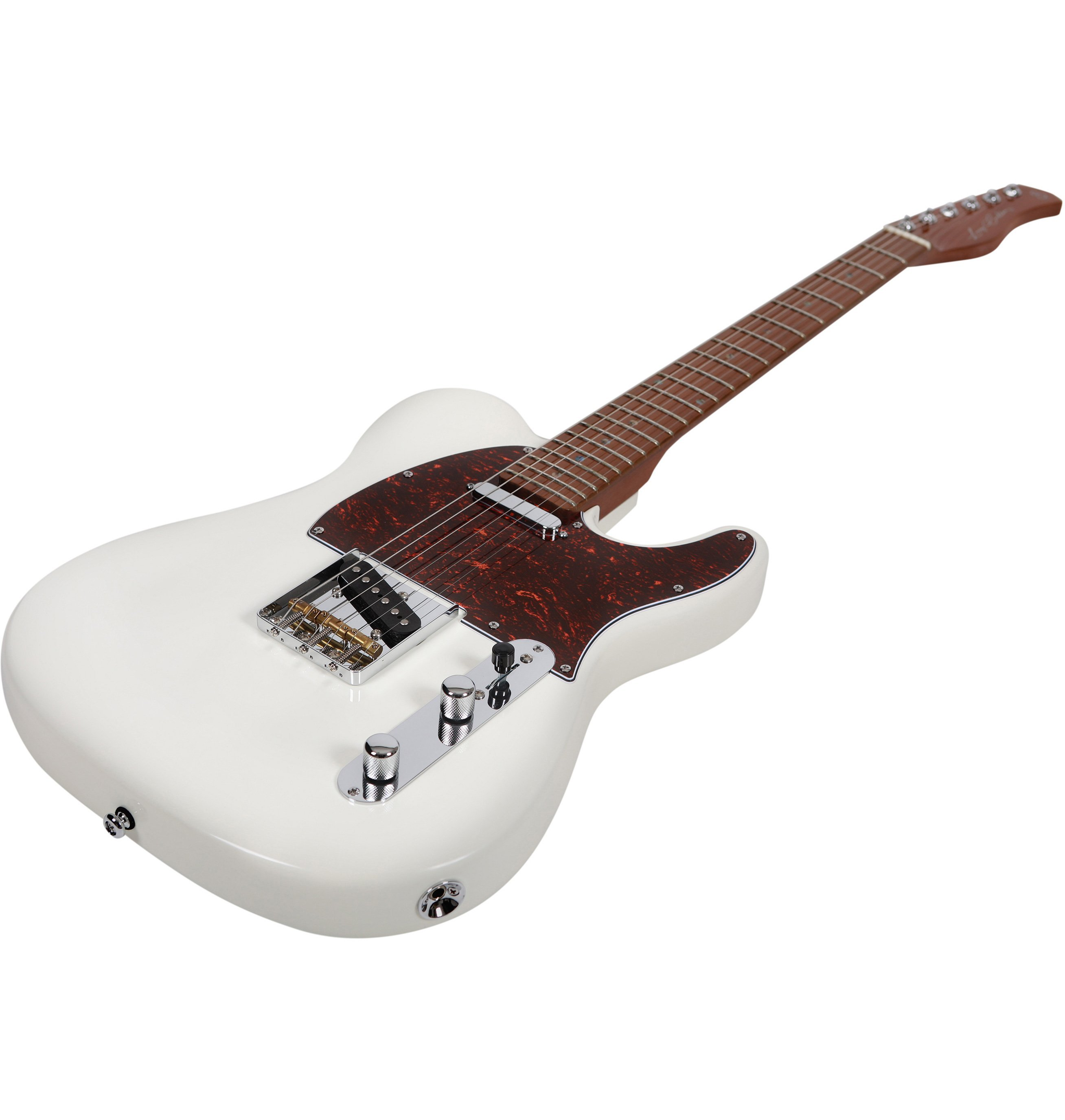 Kahverengi klavyeli ve kaplumbağa kabuğu pickguardlı beyaz elektro gitar.