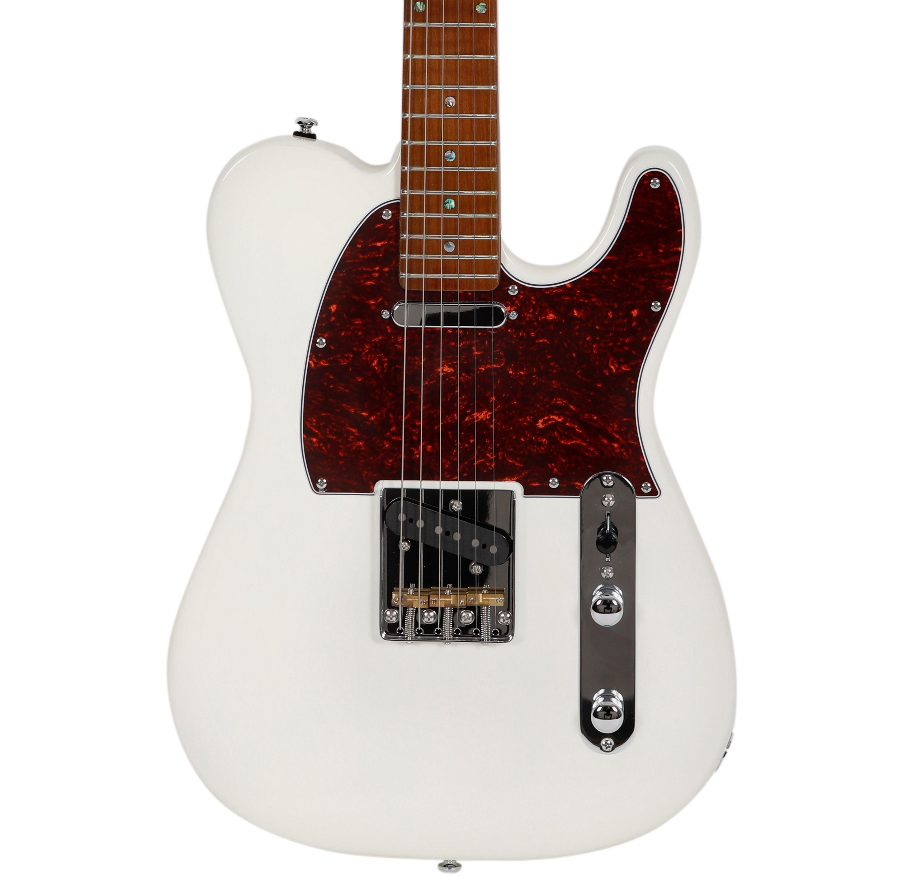 Kaplumbağa desenli pena ve krom donanıma sahip beyaz elektro gitar.